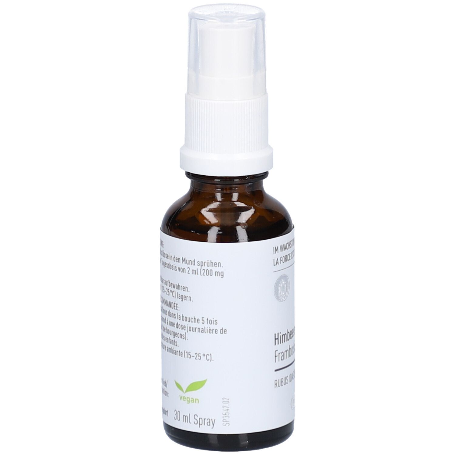 Flacon en verre brun avec pulvérisateur blanc. Étiquette avec texte et logo vegan. 30 ml Spray.