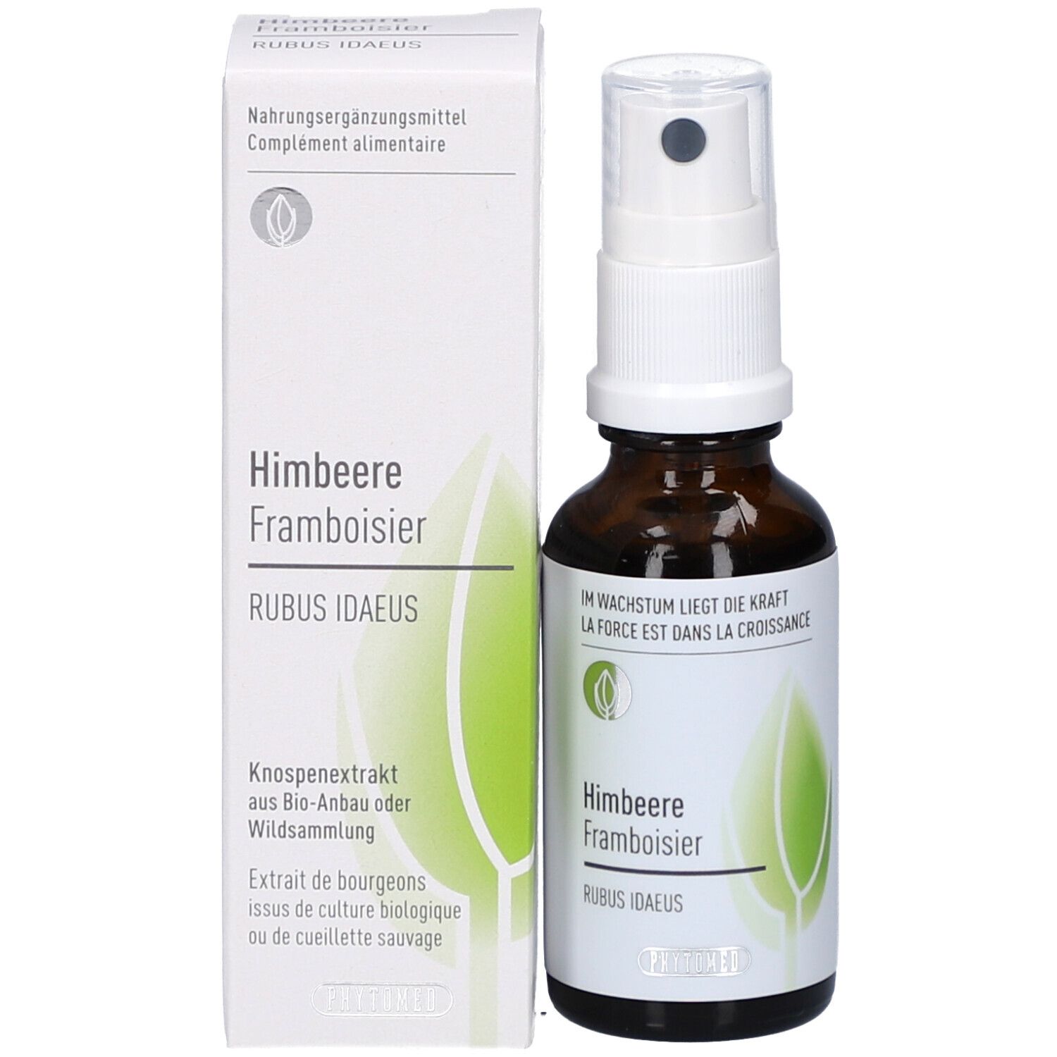 Flacon et emballage. Flacon: verre brun, pulvérisateur blanc. Emballage: blanc, texte, logo feuille verte.