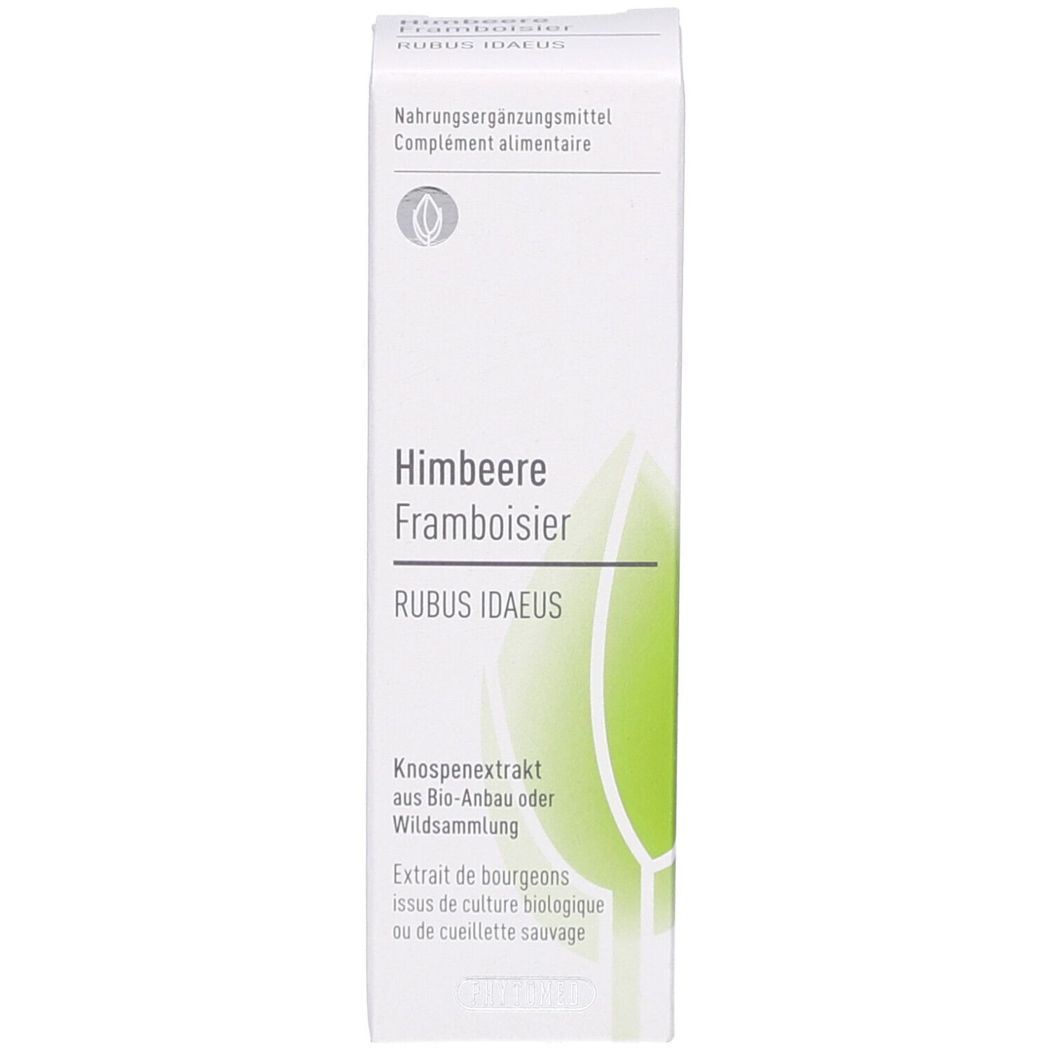 Emballage blanc. Texte: Himbeere, Framboisier, Rubus idaeus. Logo feuille verte.
