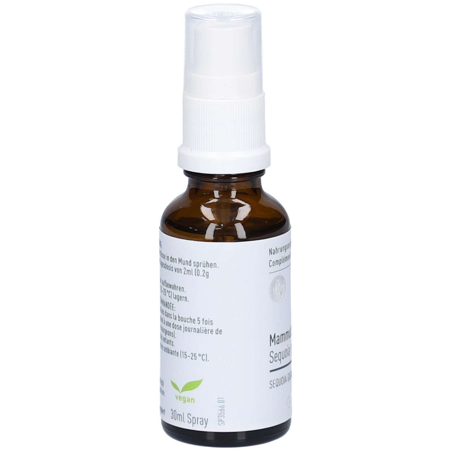 Flacon brun avec vaporisateur blanc. Inscription: Mammutbaum, Sequoia gigantea. Label vegan. Spray 30ml.