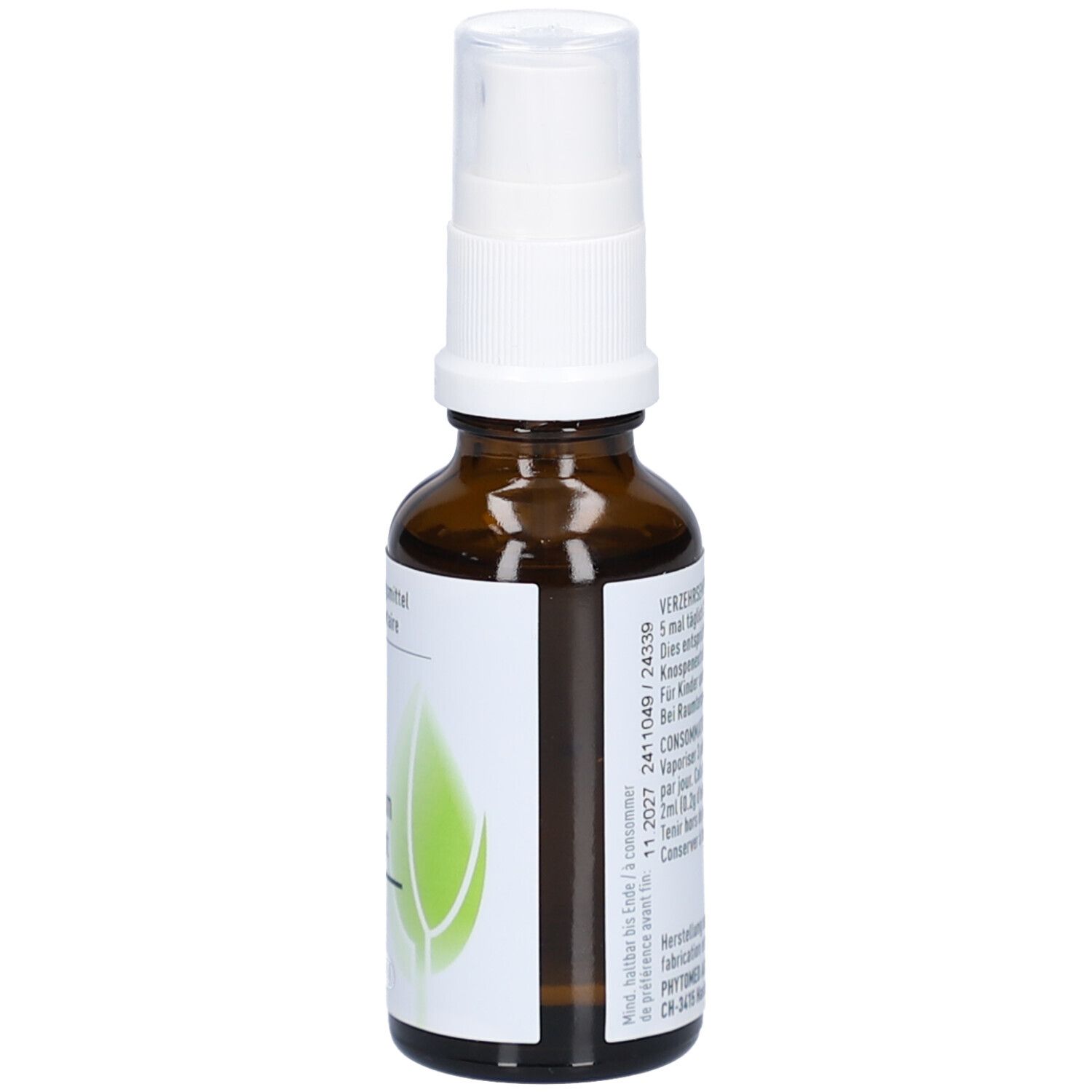 Flacon brun avec vaporisateur blanc. Inscription: Complément alimentaire. Label vegan. Spray 30ml.