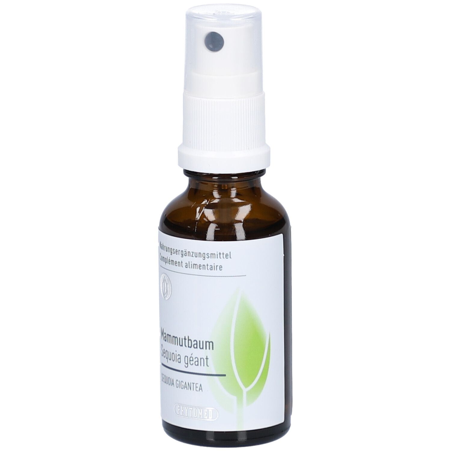 Flacon brun avec vaporisateur blanc. Inscription: Complément alimentaire. Mammutbaum, Sequoia gigantea.