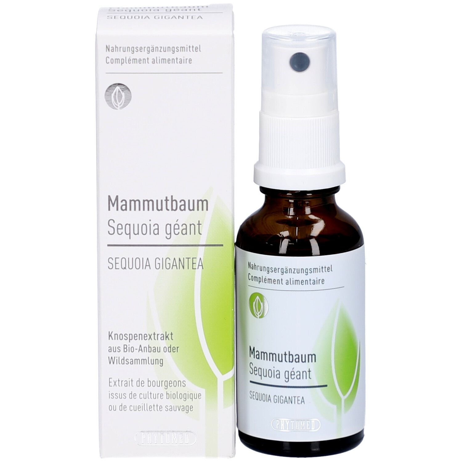 Flacon et emballage. Inscription: Mammutbaum, Sequoia gigantea. Complément alimentaire. Extrait de bourgeons.