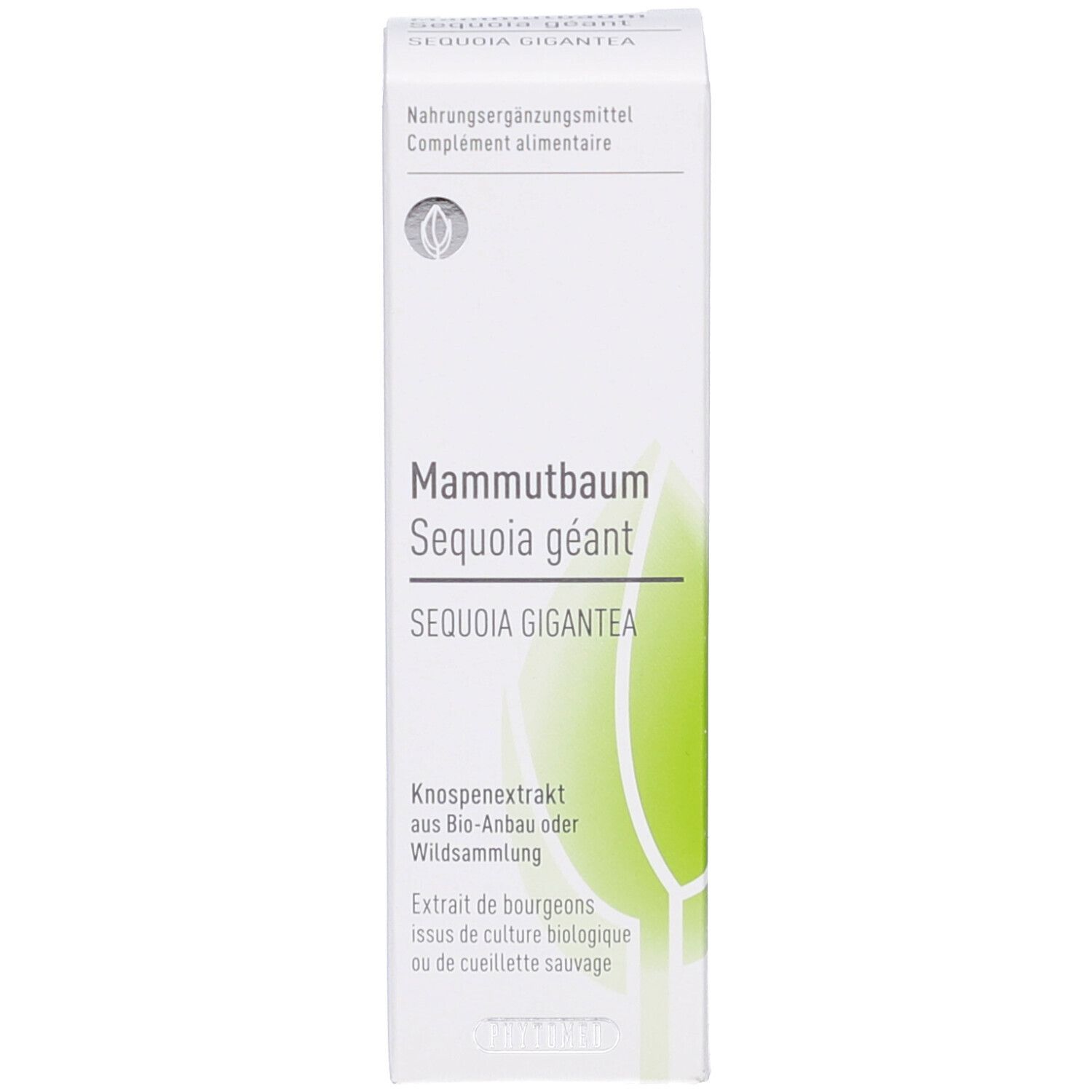 Emballage du produit. Inscription: Mammutbaum, Sequoia gigantea. Complément alimentaire. Extrait de bourgeons.