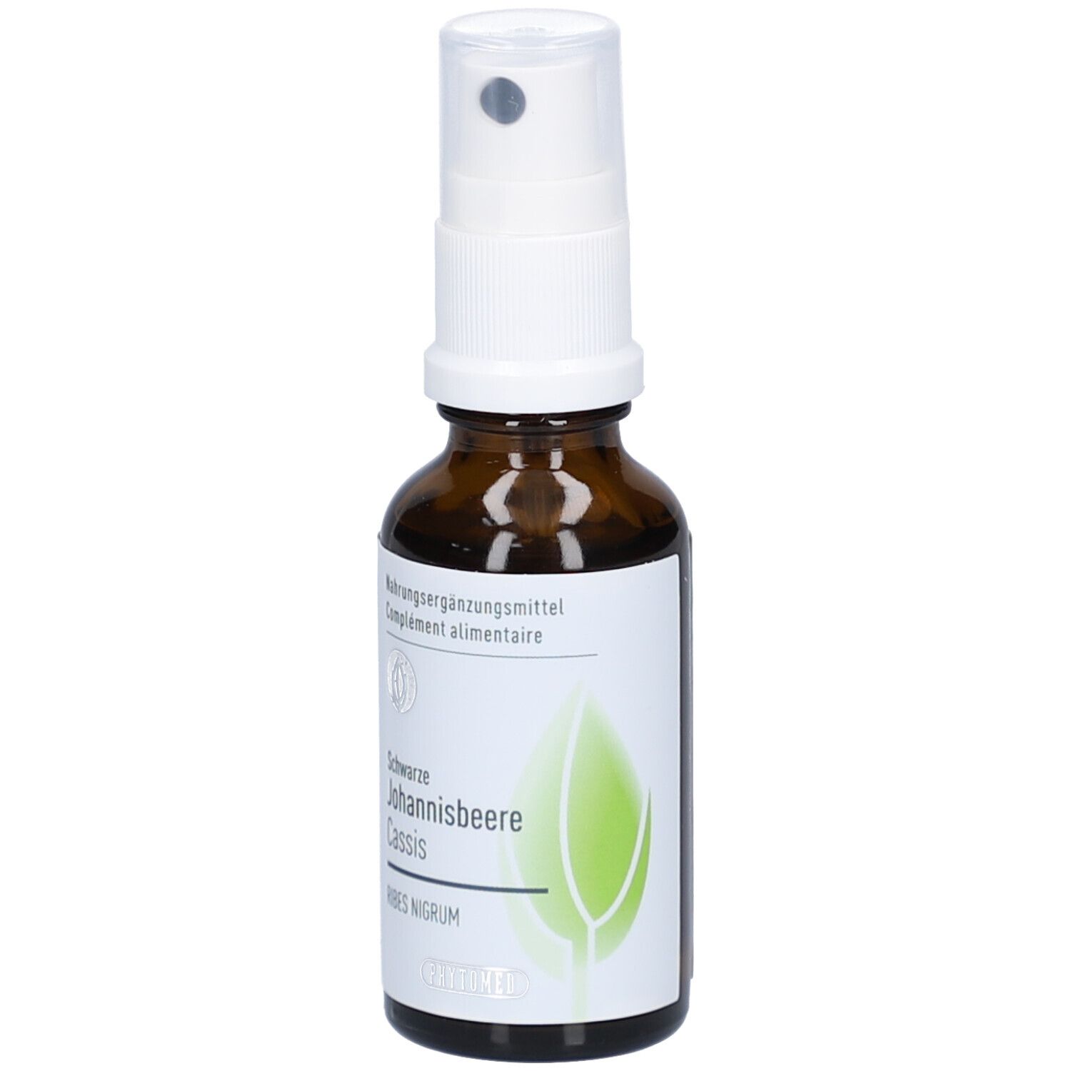 Flacon en verre brun avec vaporisateur blanc. Étiquette avec nom du produit: Schwarze Johannisbeere Cassis.