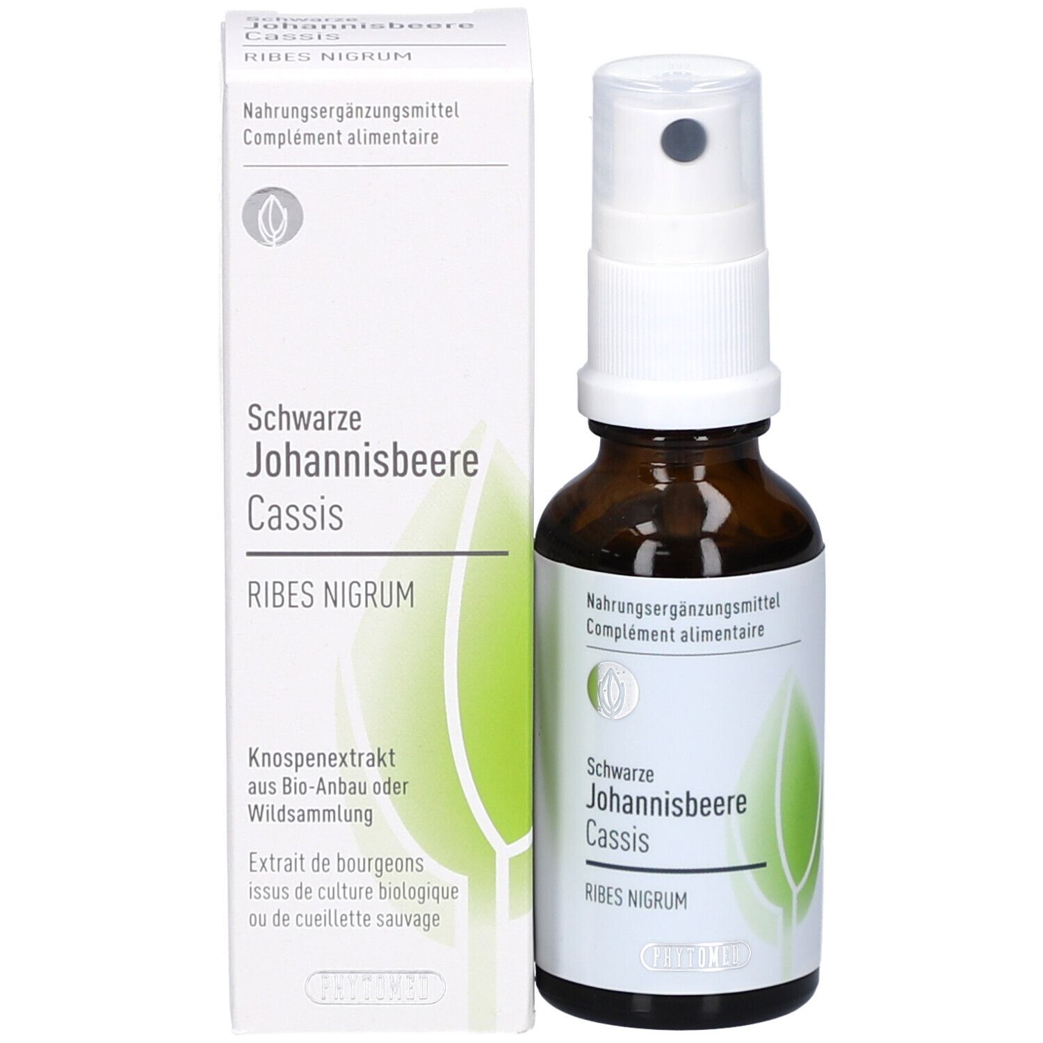 Flacon en verre brun avec vaporisateur blanc et étui. Nom du produit: Schwarze Johannisbeere Cassis.