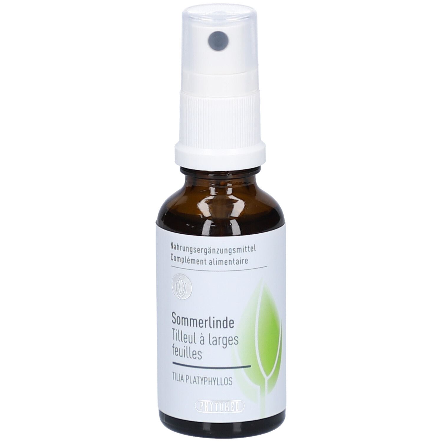 Flacon en verre brun avec vaporisateur. Étiquette avec nom du produit, ingrédients et logo. Complément alimentaire.