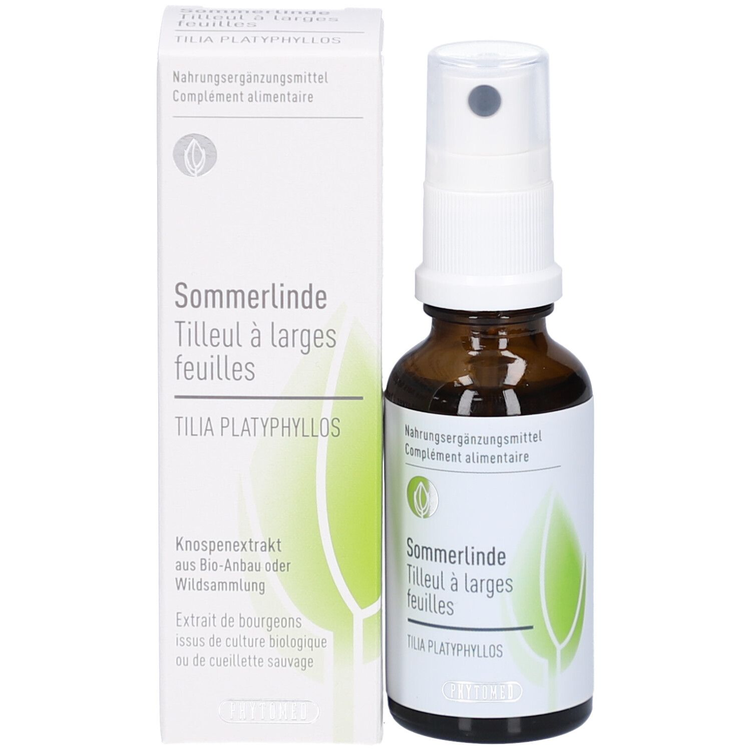 Flacon et emballage. Flacon brun avec vaporisateur. Emballage blanc avec nom du produit et logo.