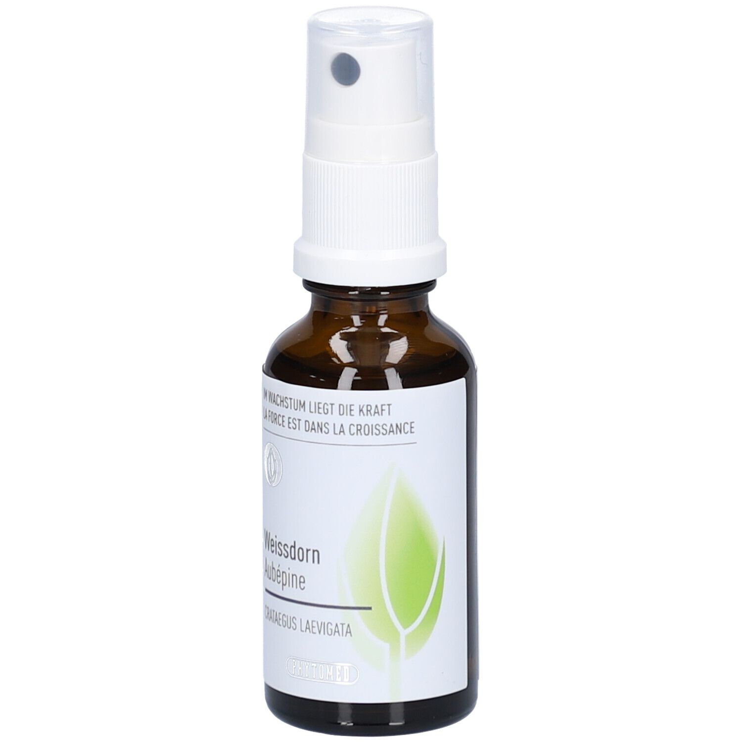Flacon en verre brun avec vaporisateur blanc. Étiquette avec texte et symbole de feuille verte. Nom du produit: Aubépine.