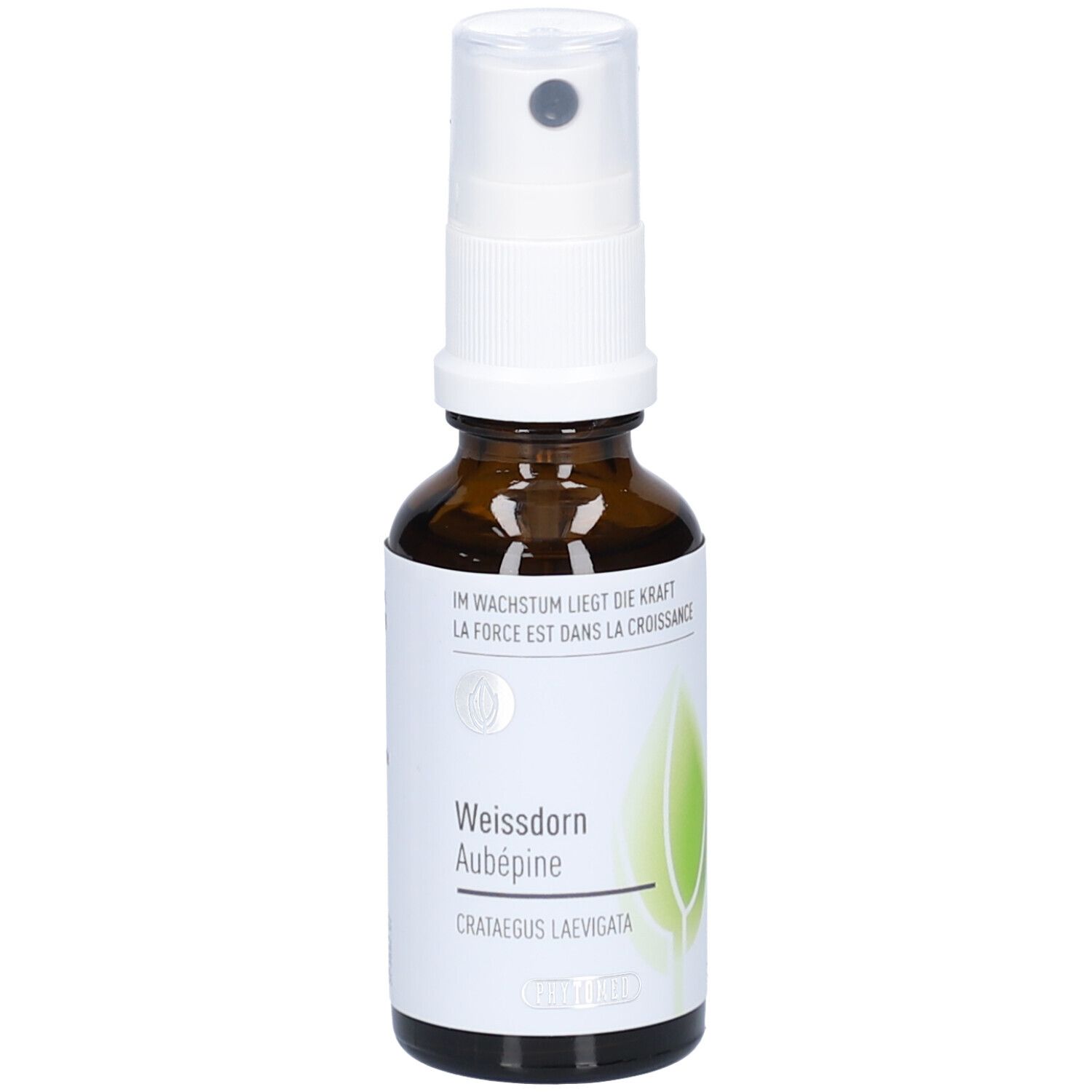Flacon en verre brun avec vaporisateur blanc. Étiquette avec texte et symbole de feuille verte. Nom du produit: Aubépine.