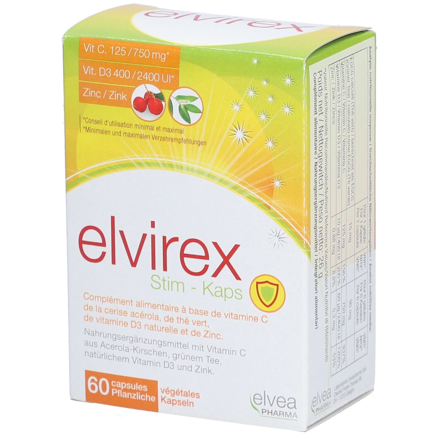 Elvirex Stim-Kaps-Packung. Enthält 60 Kapseln. Aufschrift: Vit. C, Vit. D3, Zink. Elvea Pharma Logo.