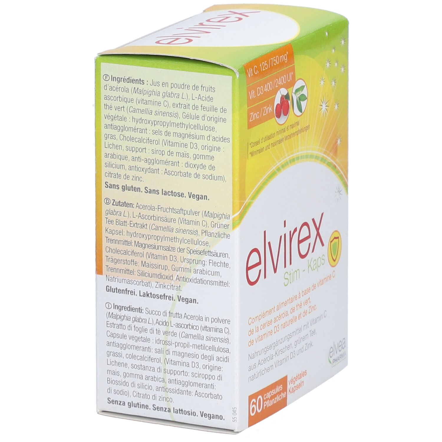 Elvirex Stim-Kaps-Packung. Rückseite mit Zutatenliste in drei Sprachen. Elvea Pharma Logo.
