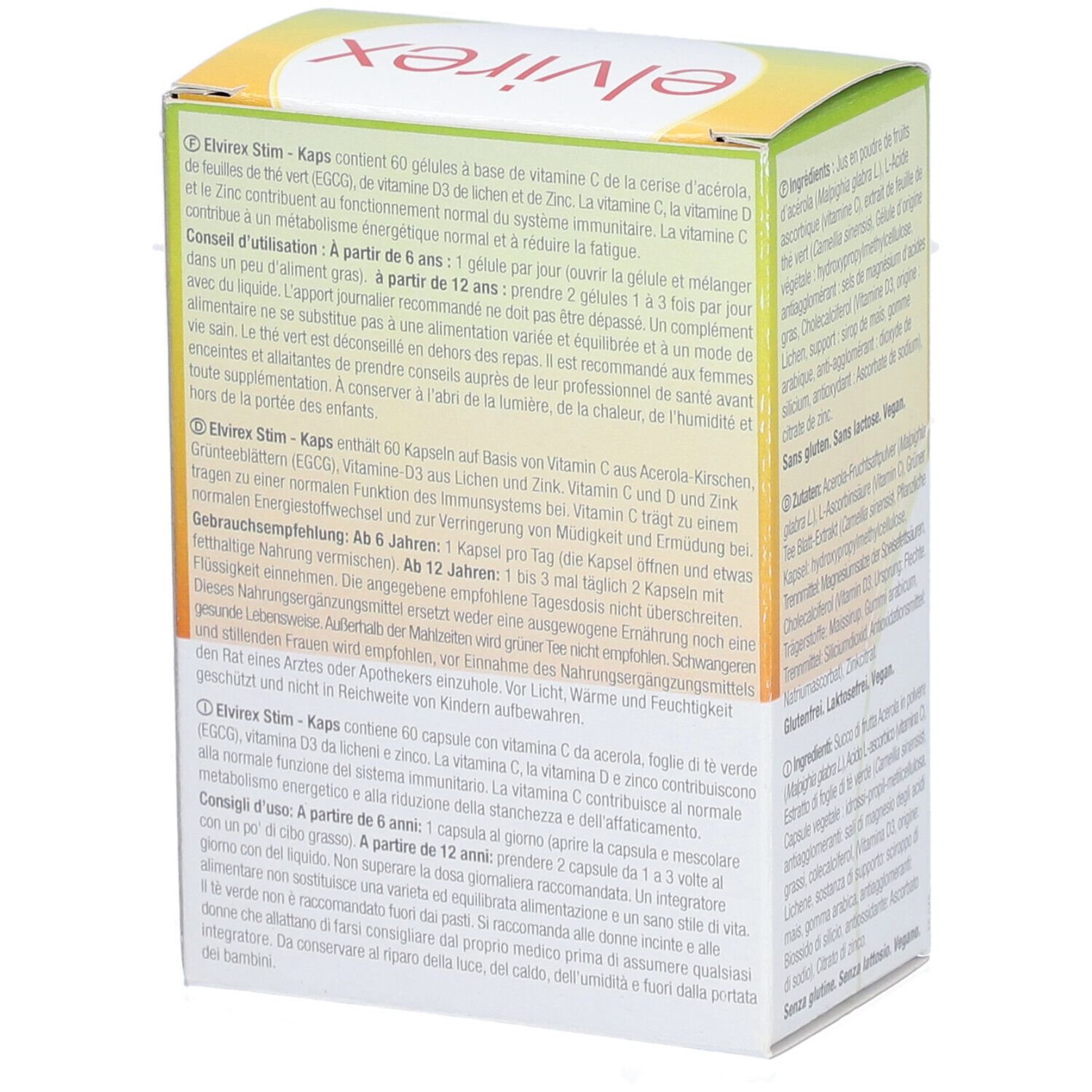 Elvirex Stim-Kaps-Packung. Text auf der Rückseite mit Anwendungshinweisen in drei Sprachen.