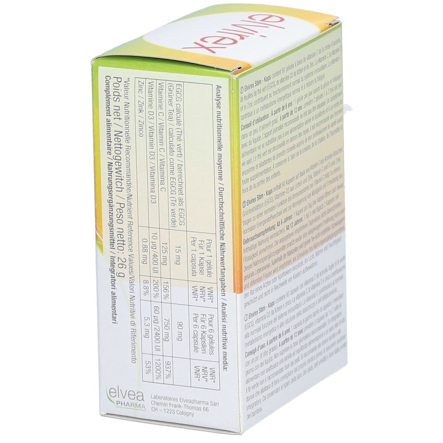 Elvirex Stim-Kaps-Packung. Rückseite mit Nährwertangaben in drei Sprachen. Elvea Pharma Logo.