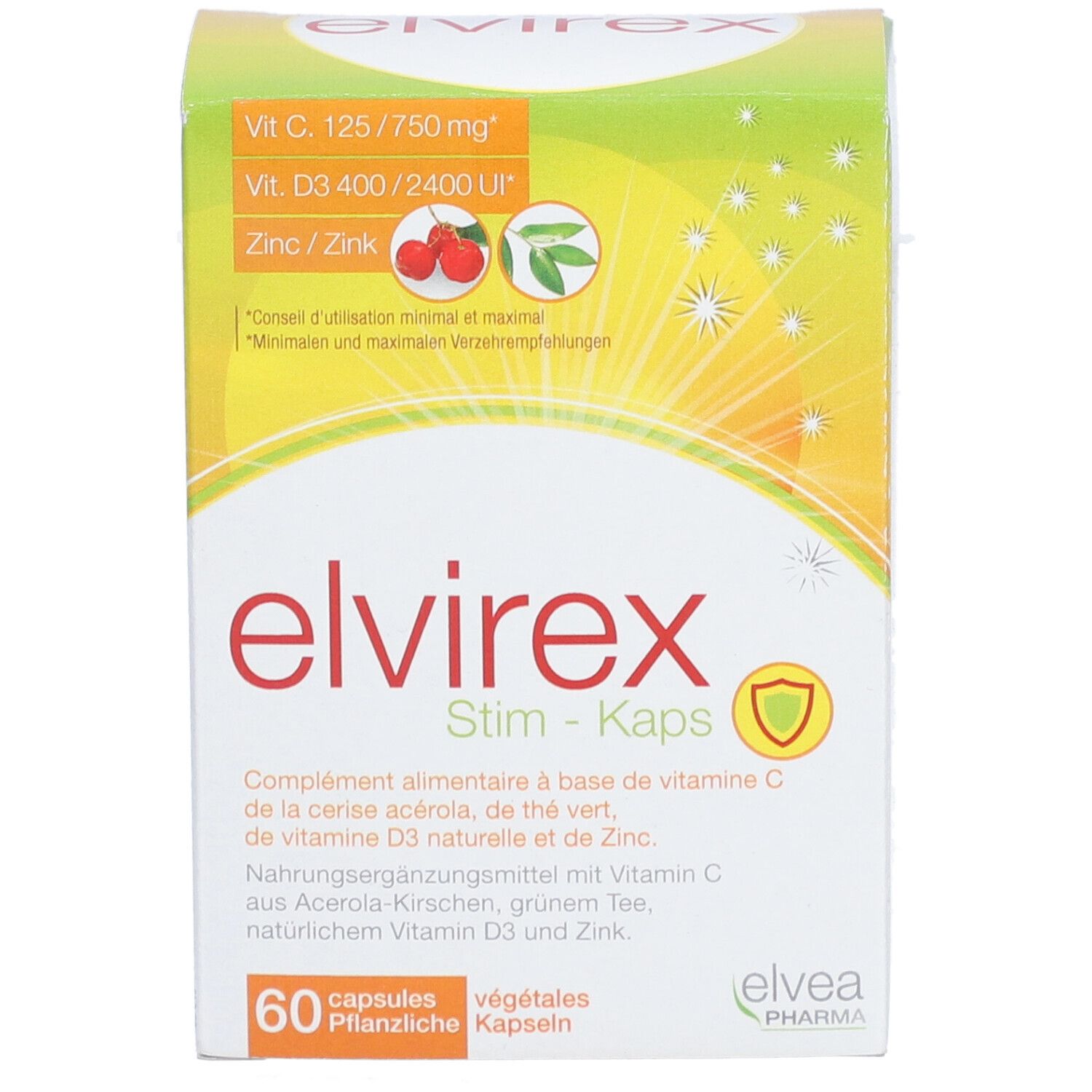 Elvirex Stim-Kaps-Packung. Vorderseite mit Produktnamen und Inhaltsstoffen. 60 Kapseln. Elvea Pharma Logo.