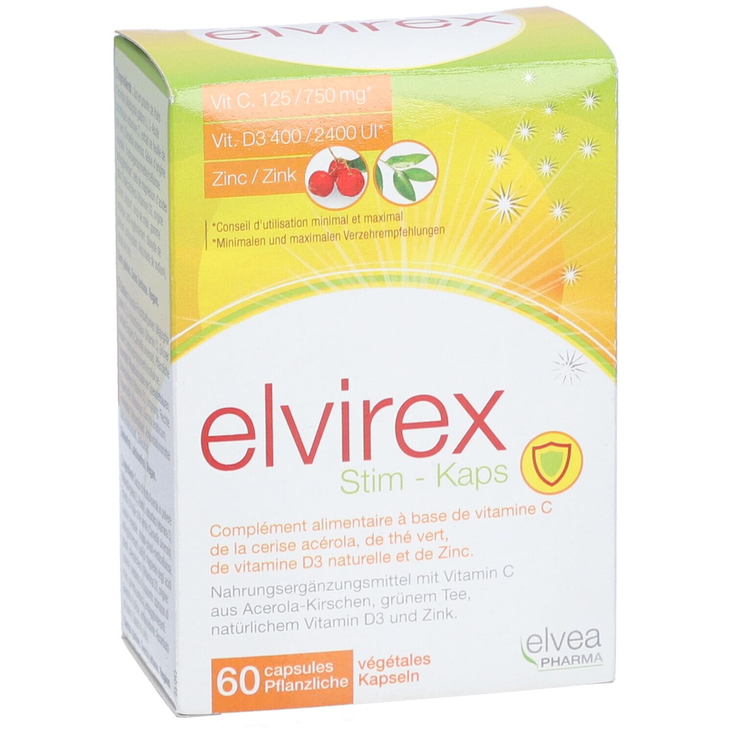 Elvirex Stim-Kaps-Packung. Vorderansicht. Enthält 60 Kapseln. Aufschrift: Vit. C, Vit. D3, Zink. Elvea Pharma Logo.
