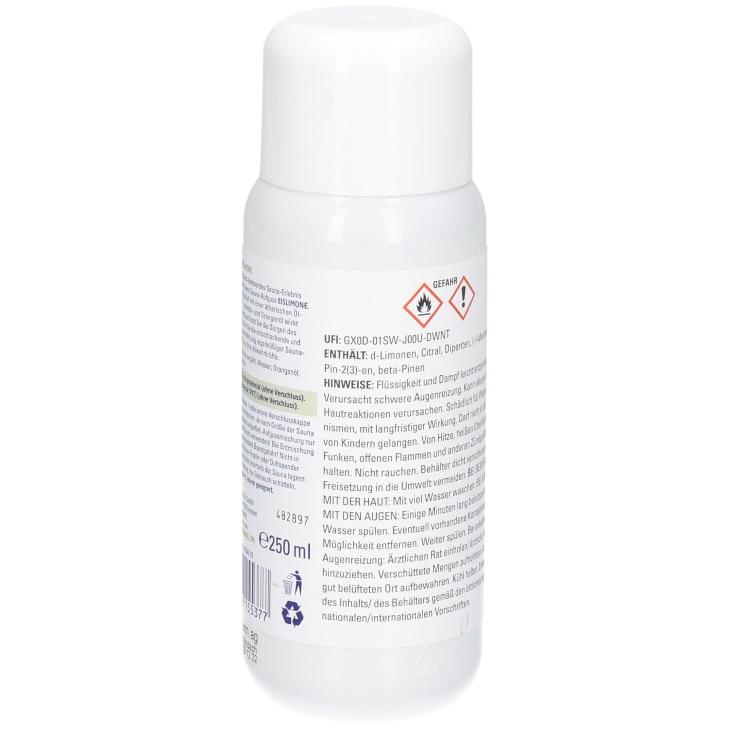 Rückseite einer weißen Flasche mit Produktinformationen, Warnhinweisen und Barcode für Sauna-Aufguss Eislimone.