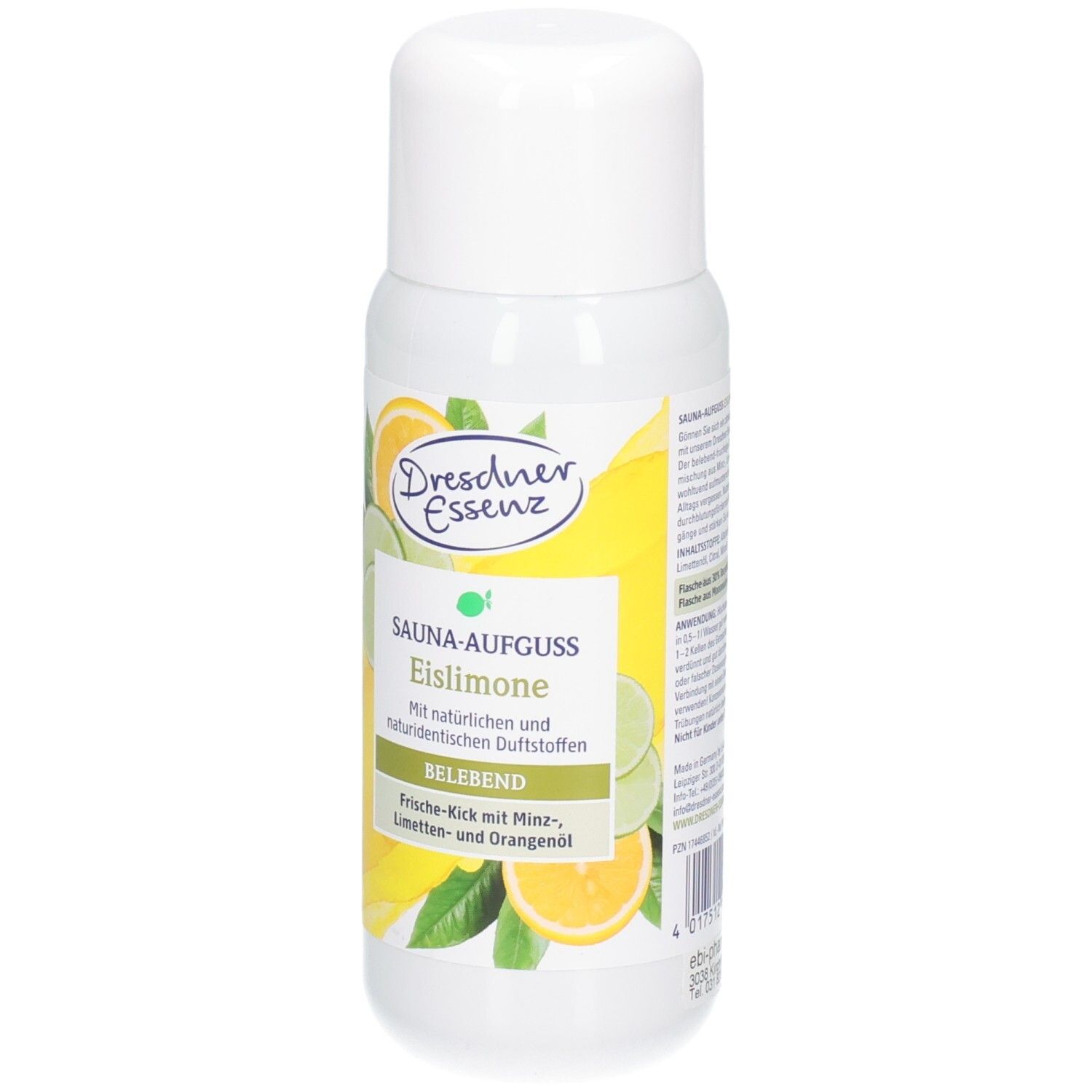 Weiße Flasche mit Etikett: Dresdner Essenz Sauna-Aufguss Eislimone mit Zitrusfrüchten und Minze.