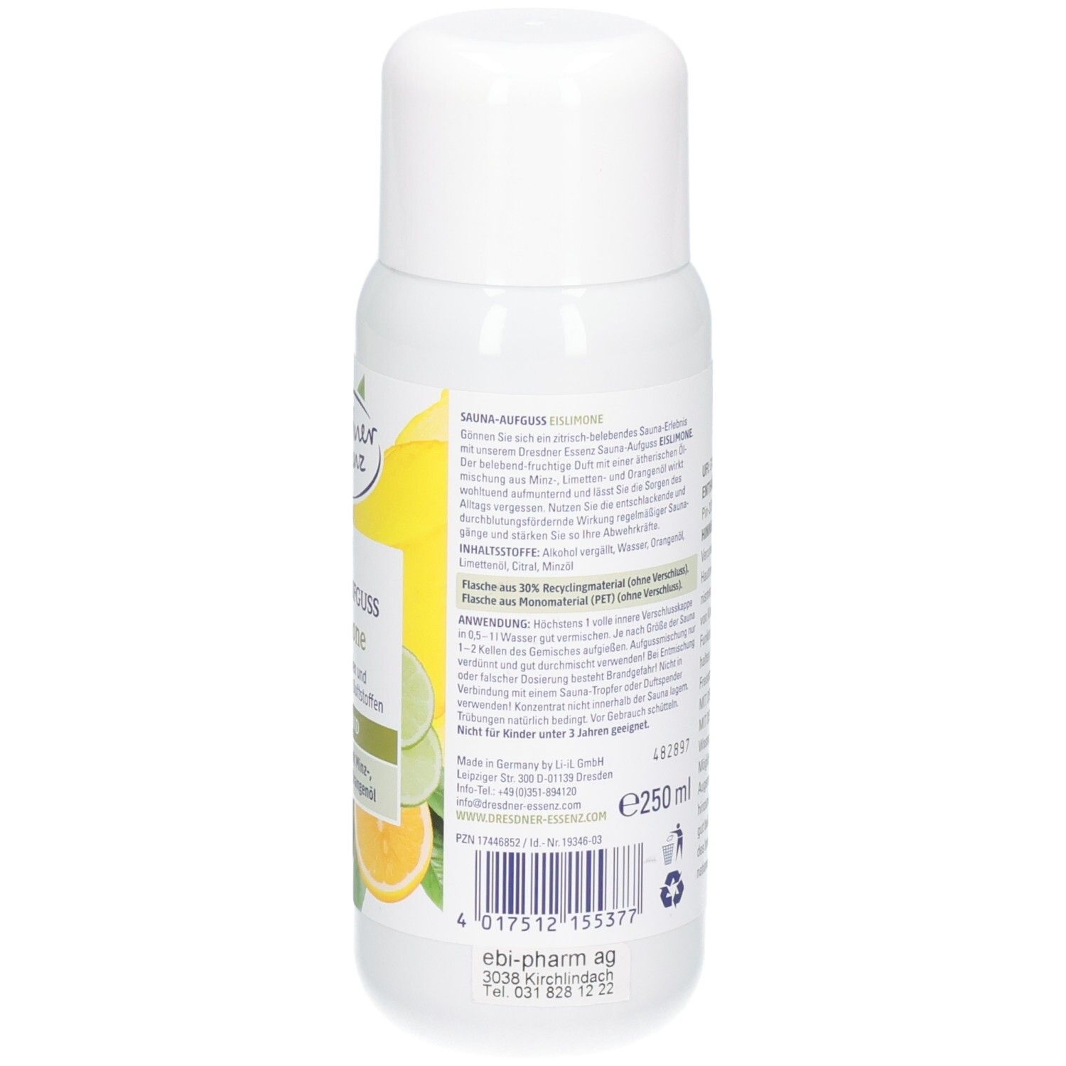 Rückseite einer weißen Flasche mit detaillierten Anwendungshinweisen und Inhaltsstoffen für Sauna-Aufguss Eislimone.