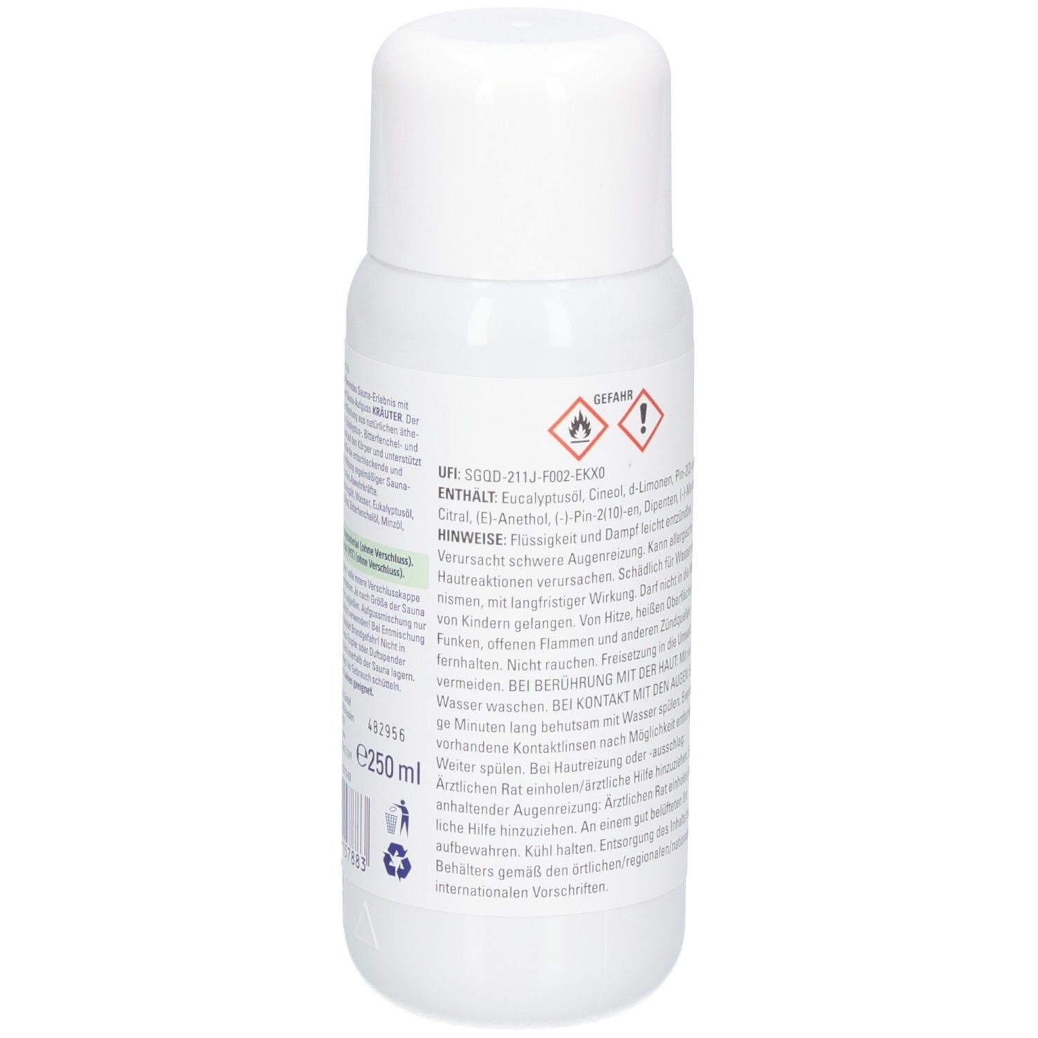 Rückseite einer weißen Flasche mit Inhaltsstoffen, Warnhinweisen und Mengenangabe 250 ml.