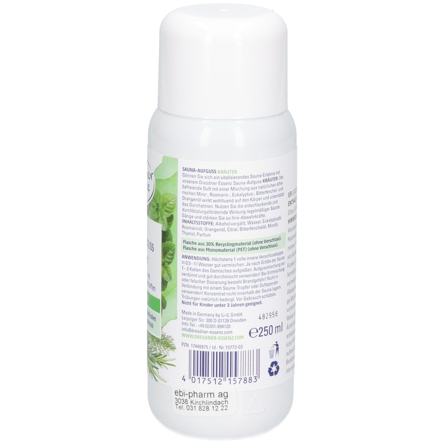 Rückseite einer weißen Flasche mit detaillierten Anwendungshinweisen und Inhaltsstoffen.