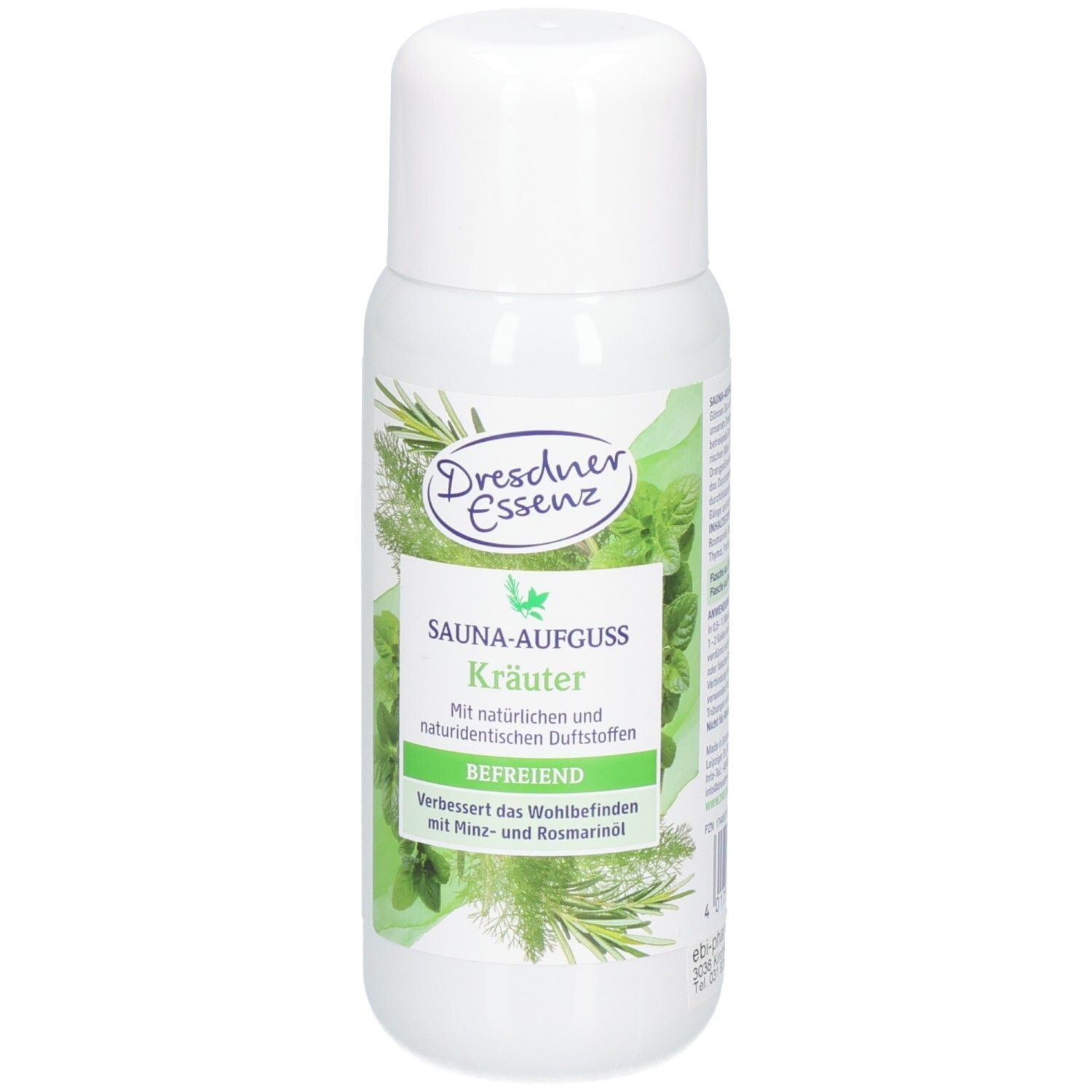 Weiße Flasche mit Kräuter-Sauna-Aufguss von Dresdner Essenz. Grüne Etiketten mit Kräuterabbildungen.