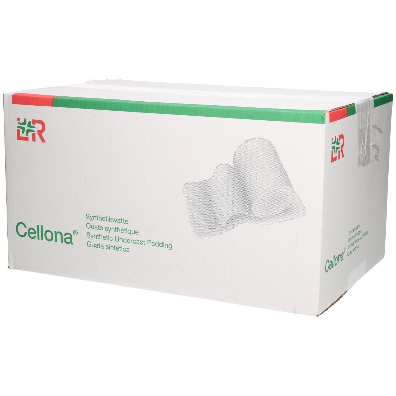 Verpackung mit Cellona Synthetikwatte, 10cm x 3m, 48 Stück.