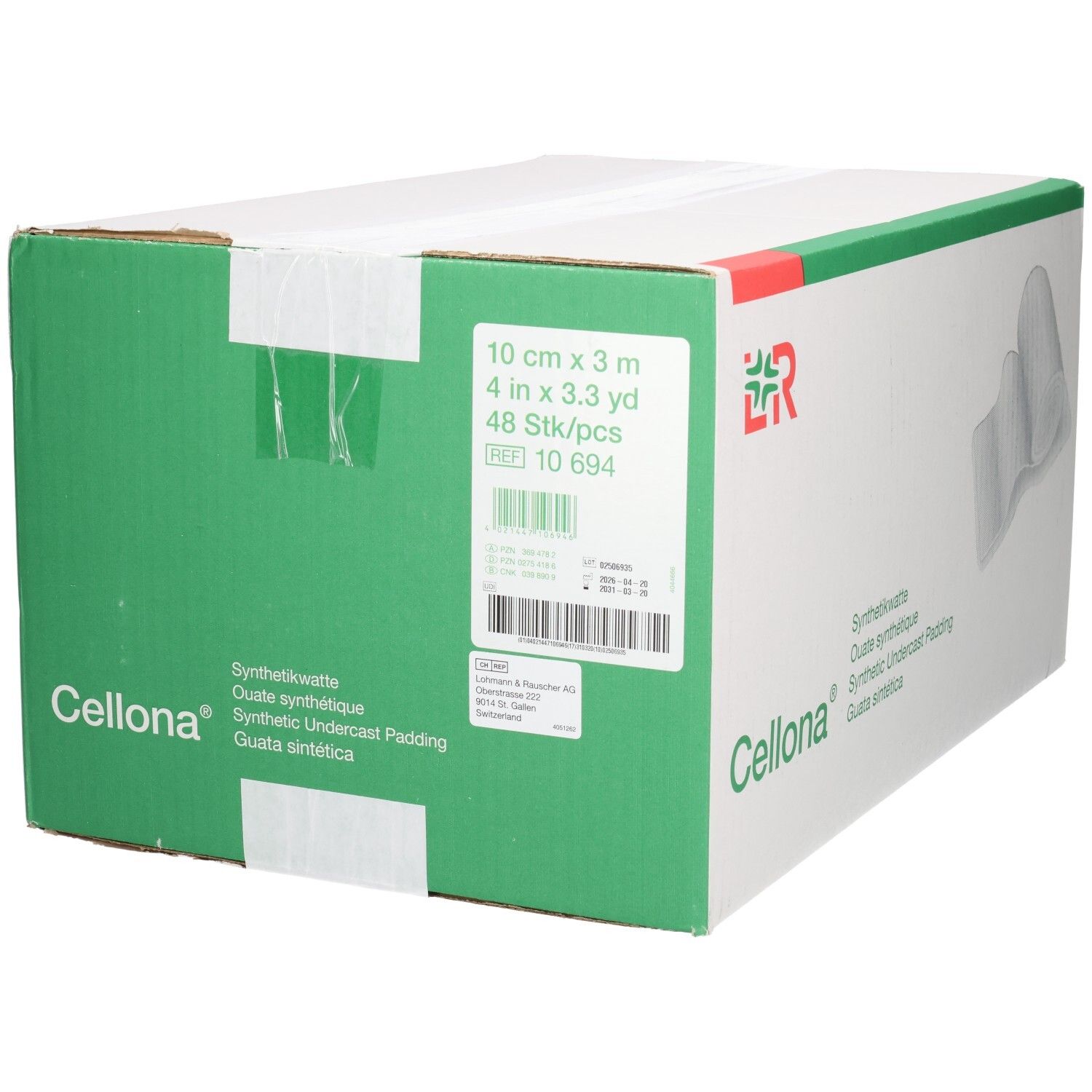 Seitenansicht der Verpackung mit detaillierten Produktinformationen: 10cm x 3m, 48 Stück.