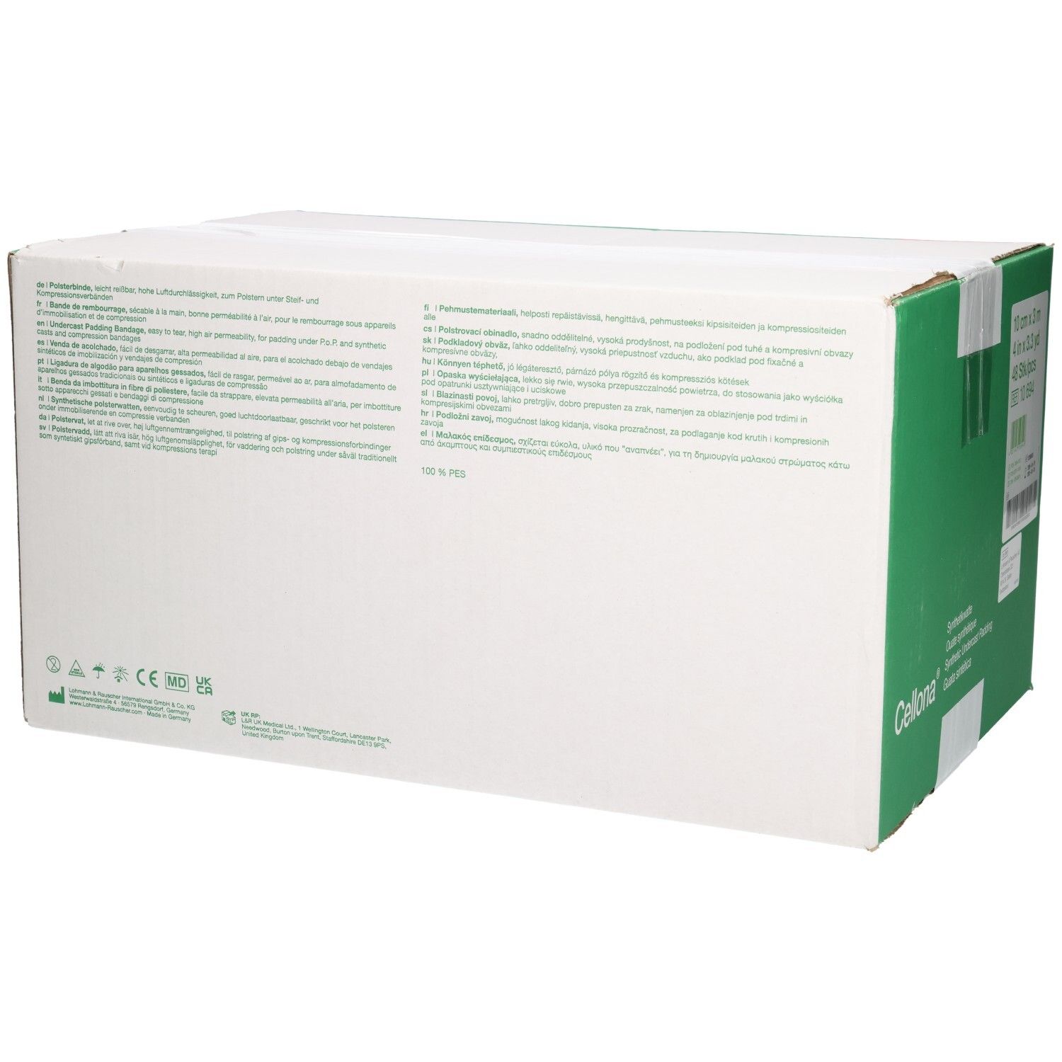 Rückseite der Verpackung mit Anwendungshinweisen und CE-Kennzeichnung.