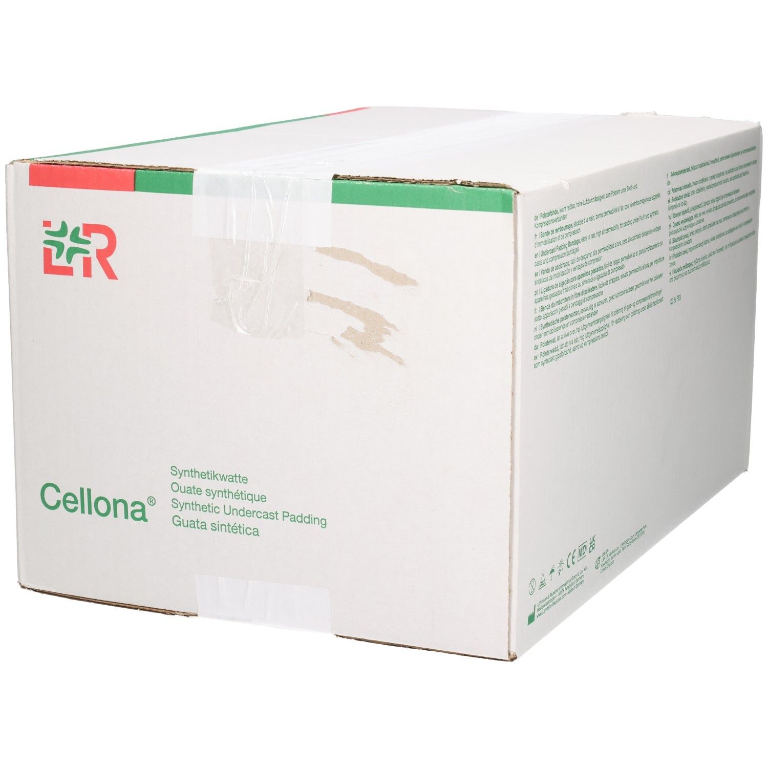 Verpackung mit Cellona Synthetikwatte, 10cm x 3m, 48 Stück.