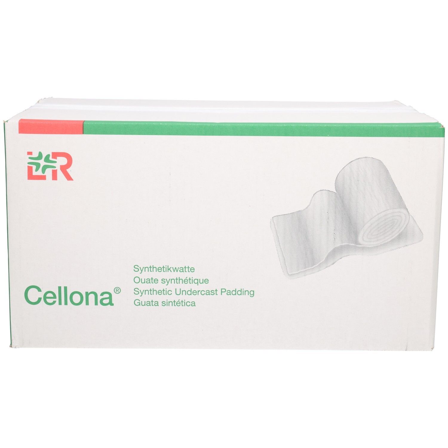Verpackung mit Cellona Synthetikwatte, 10cm x 3m, 48 Stück.