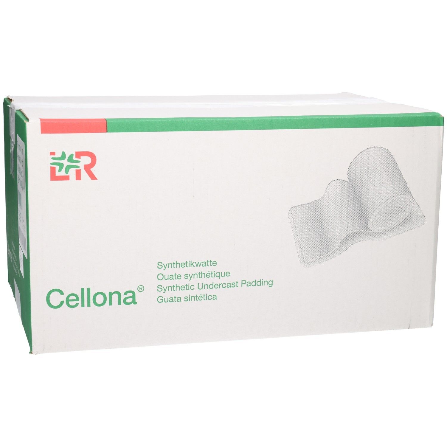 Verpackung mit Cellona Synthetikwatte, 10cm x 3m, 48 Stück.