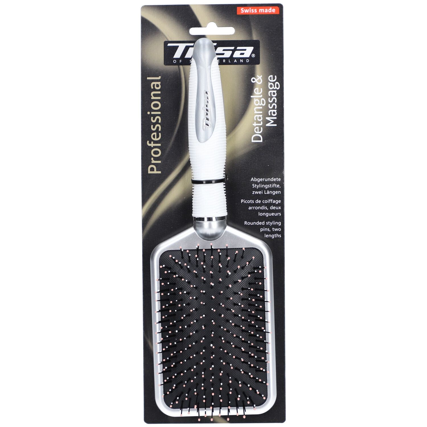 Professionelle Paddle-Haarbürste, weißer Griff, schwarze Borsten, Detangle & Massage.