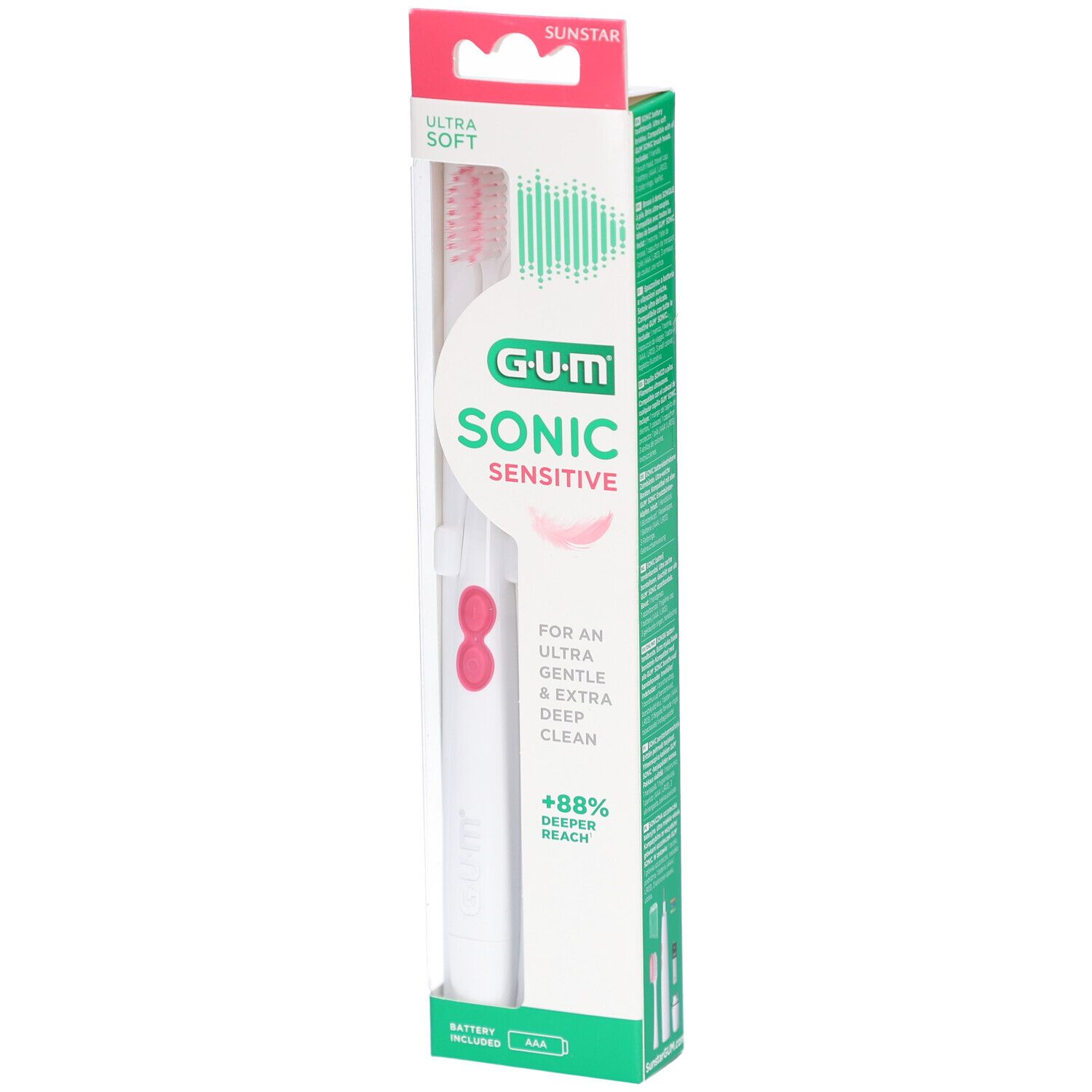 Elektrische Zahnbürste in Verpackung. Marke GUM Sonic Sensitive. Rosa Borsten, weißer Griff. Verpackung mit Text.