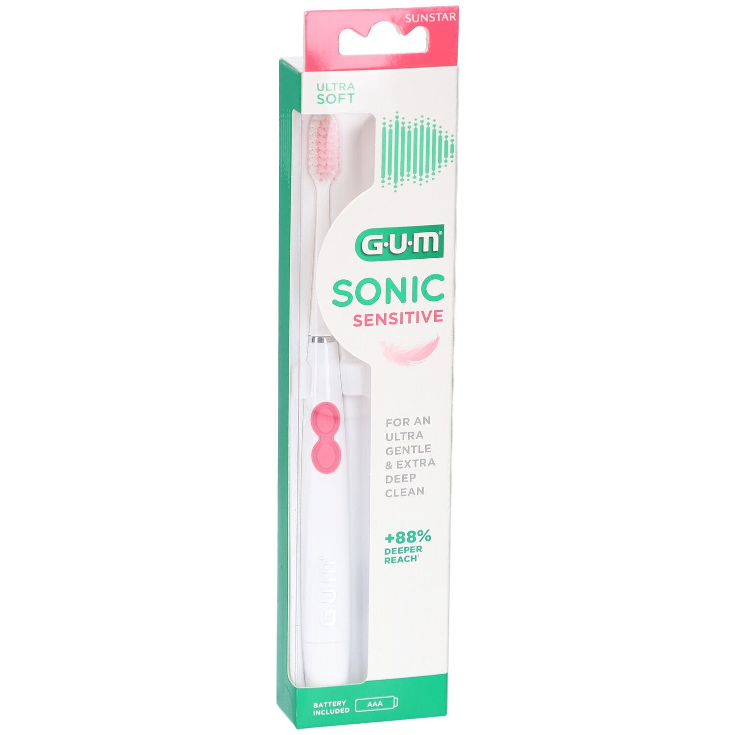 Elektrische Zahnbürste GUM Sonic Sensitive in Verpackung. Rosa Borsten, weißer Griff. Verpackung mit Text.