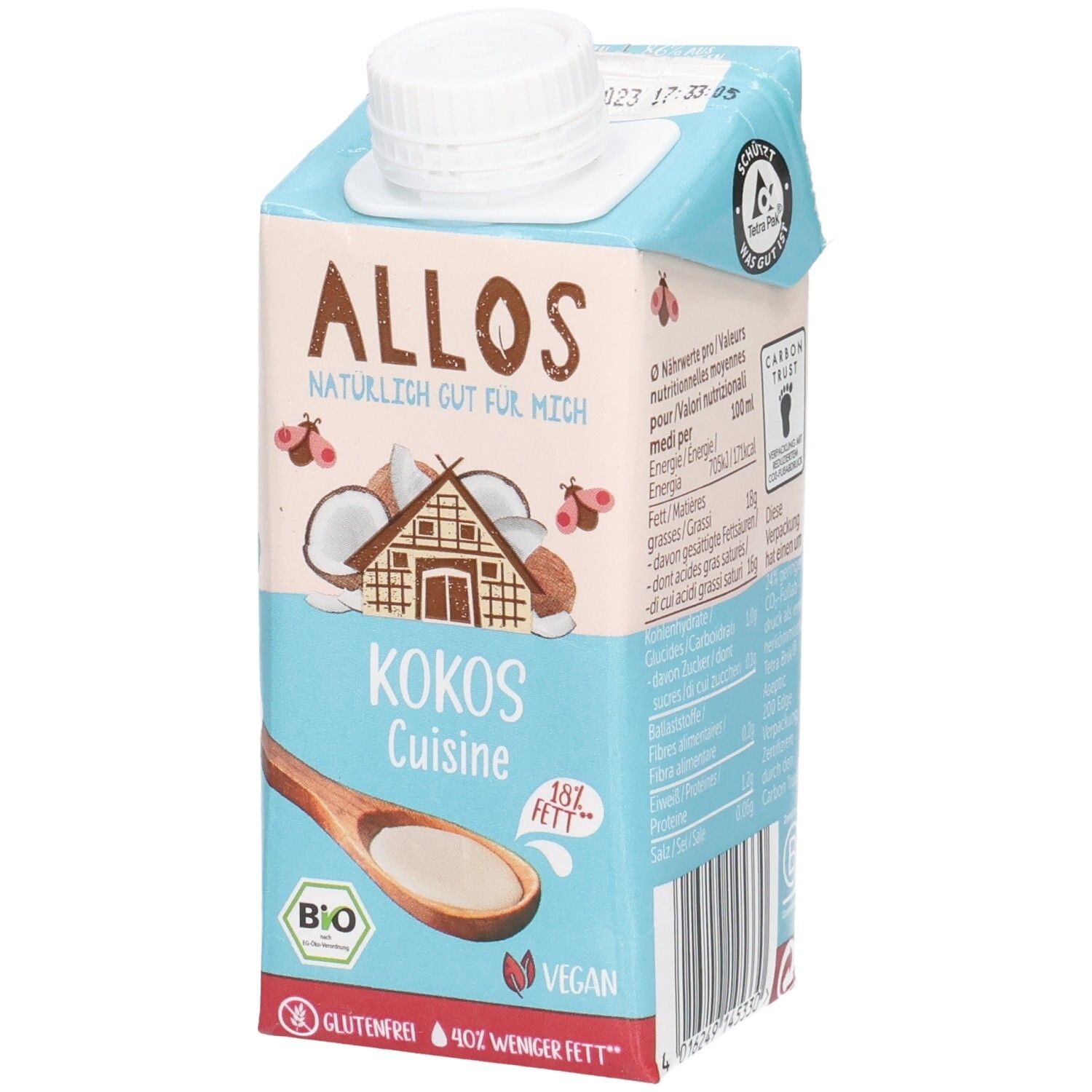 Allos Kokos Cuisine : Boisson à base de noix de coco en emballage carton avec bouchon à vis. Certifié bio et vegan.