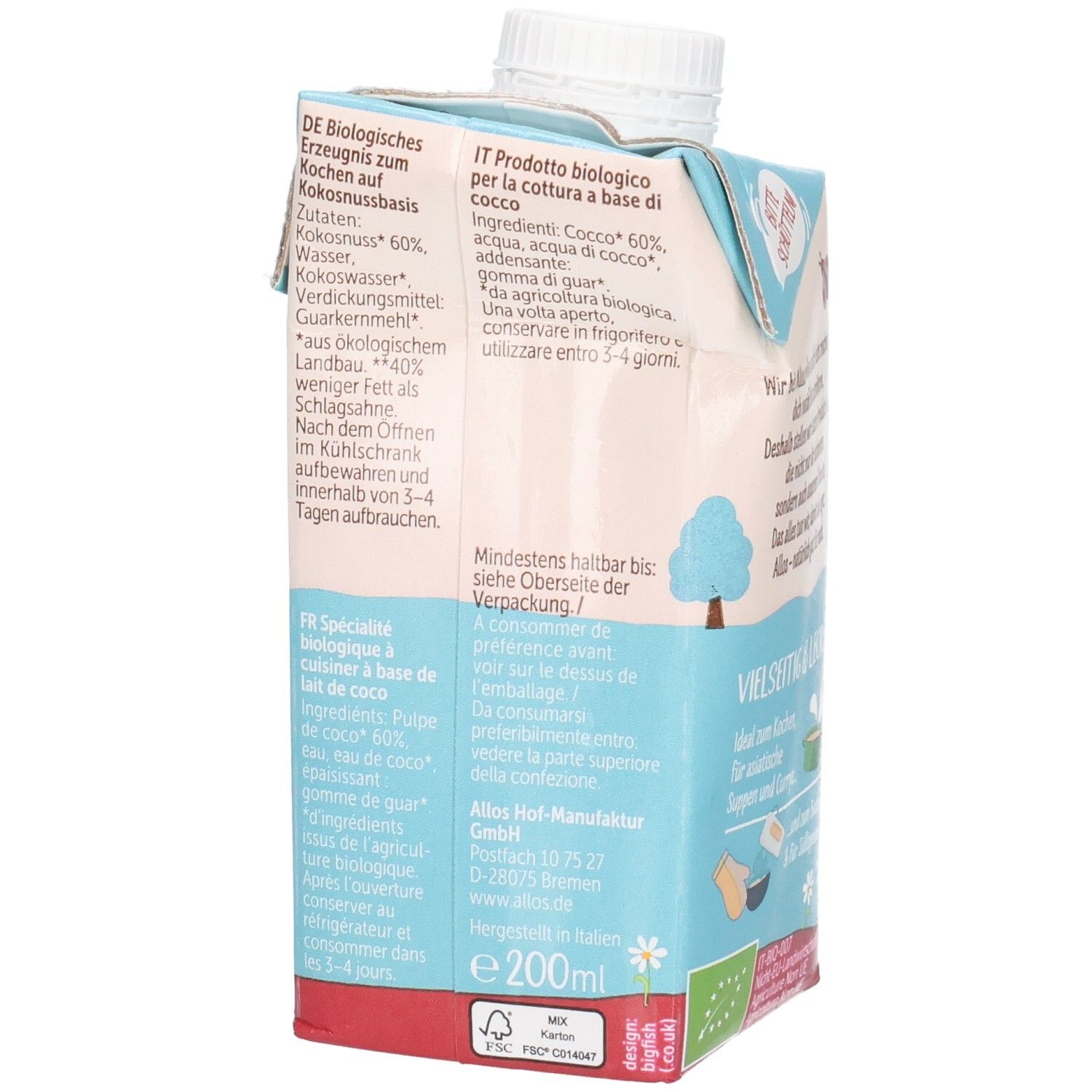 Allos Kokos Cuisine : Vue latérale de l'emballage avec liste des ingrédients et informations nutritionnelles. Boisson à base de noix de coco.