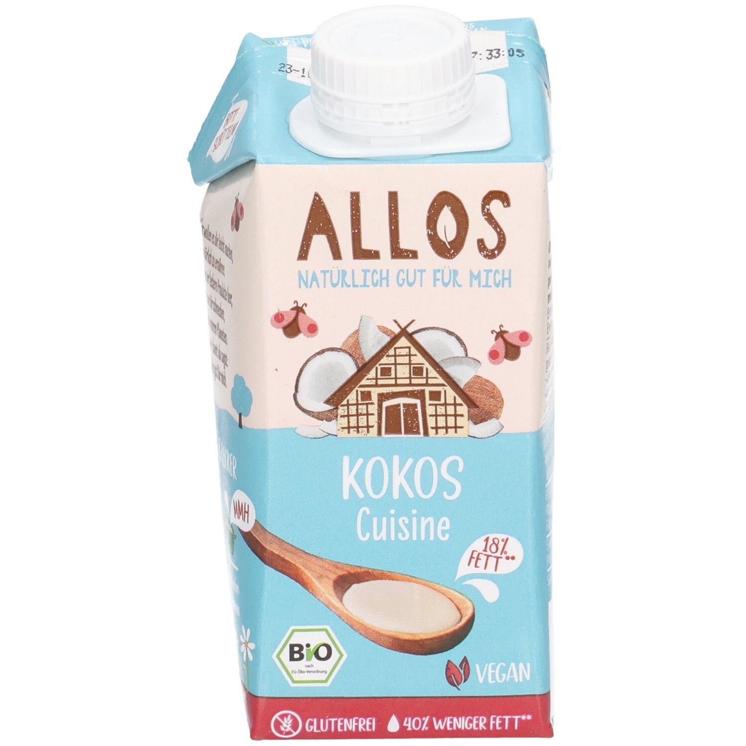 Allos Kokos Cuisine Verpackung. Hellblau mit Logo und Produktbezeichnung. Bio-Siegel, vegan und glutenfrei.