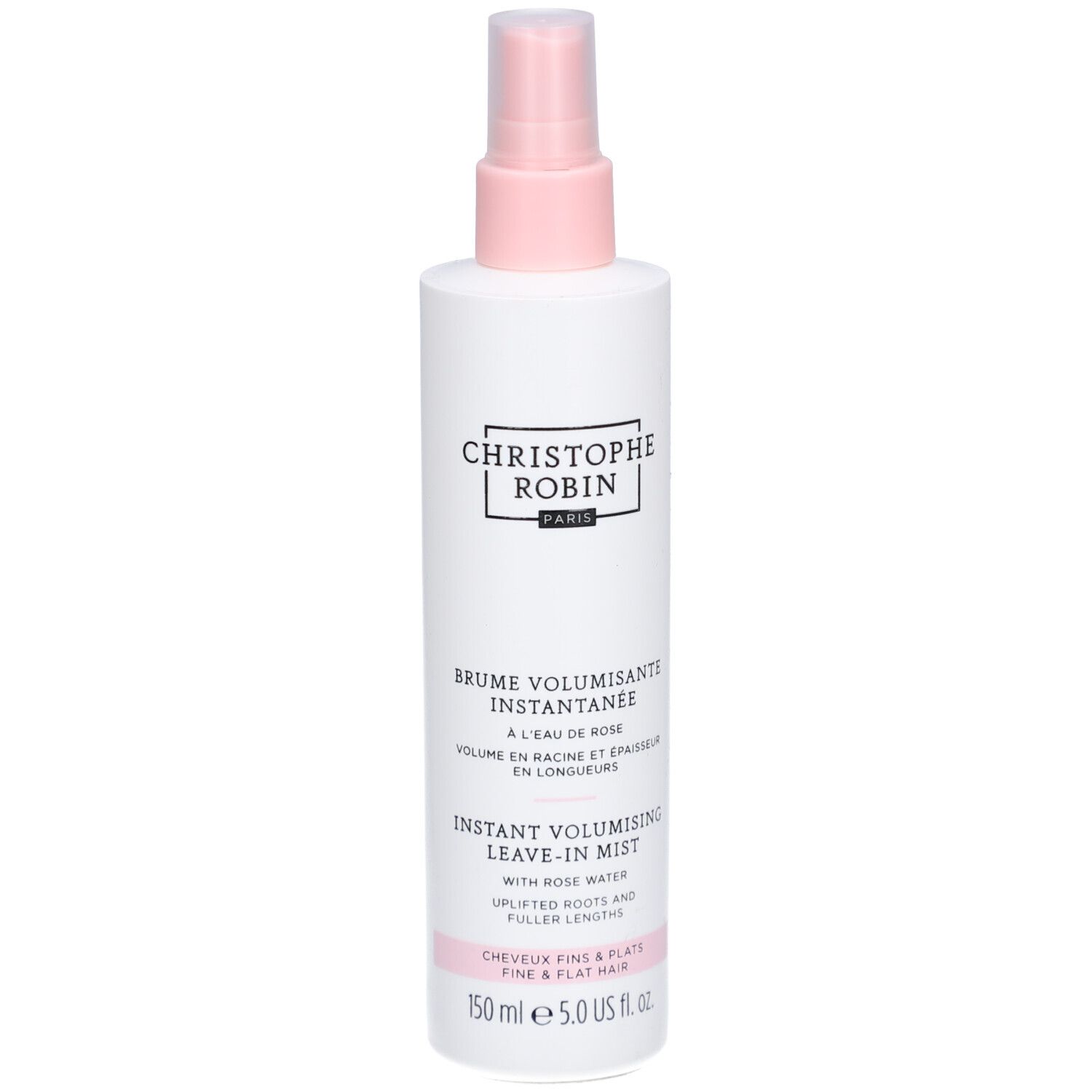 Weiße Sprühflasche mit rosa Sprühkopf. Aufschrift: Christophe Robin Paris. Produktname und Beschreibung in Englisch und Französisch.