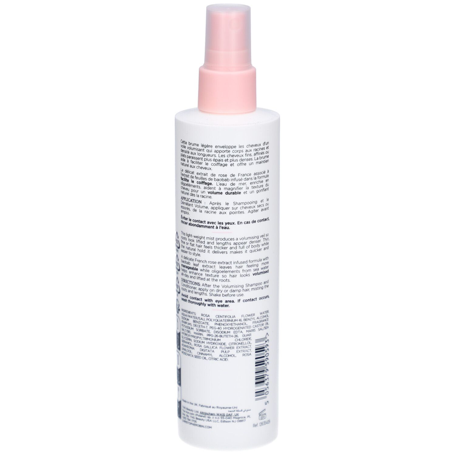 Rückseite der weißen Sprühflasche. Text in mehreren Sprachen. Enthält Informationen über das Produkt und Inhaltsstoffe.