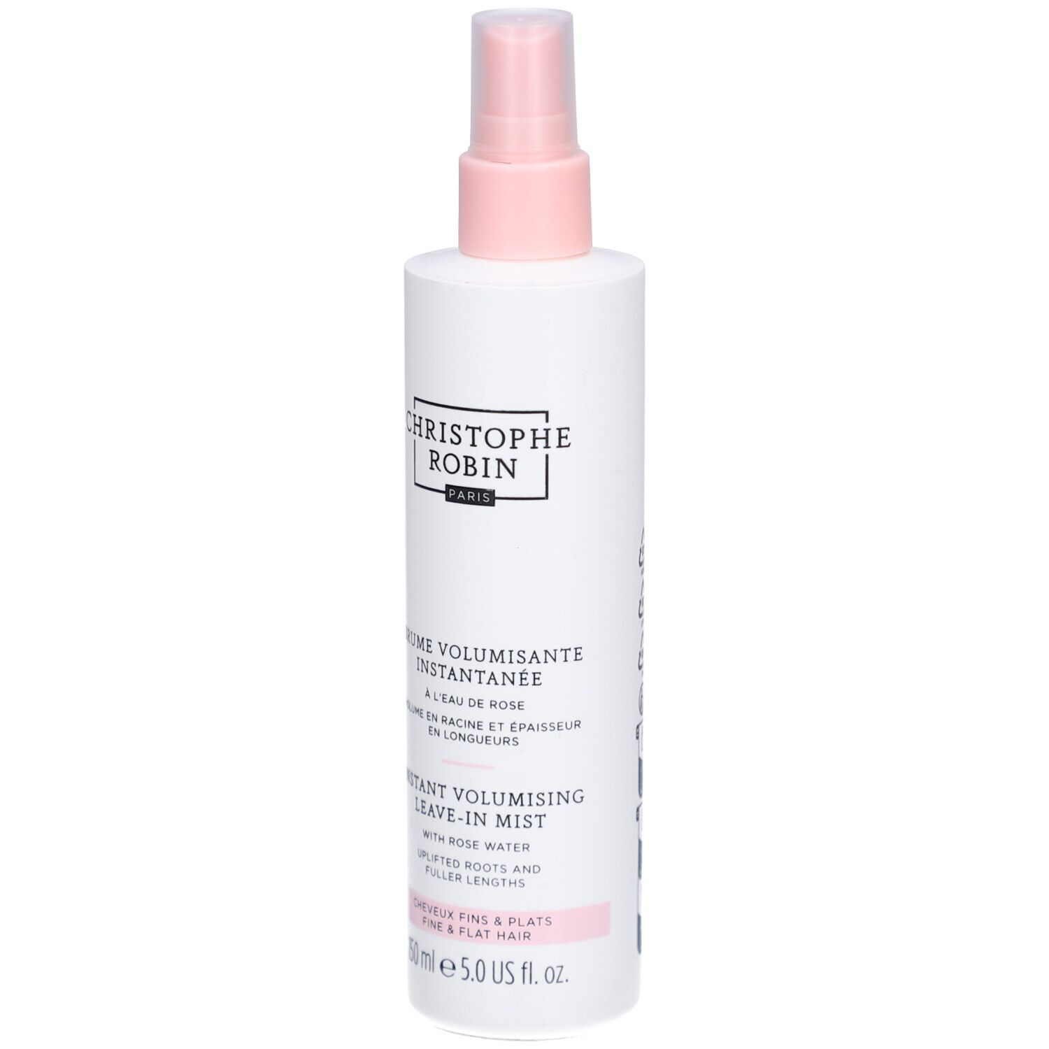 Weiße Sprühflasche mit rosa Sprühkopf. Aufschrift: Christophe Robin Paris. Produktname und Beschreibung in Englisch und Französisch.