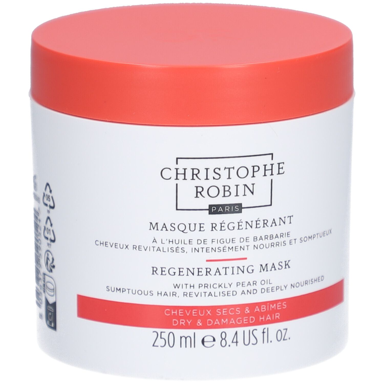 Pot blanc, couvercle rouge. Inscription: Christophe Robin, Masque Régénérant, Regenerating Mask. Pour cheveux secs et abîmés.