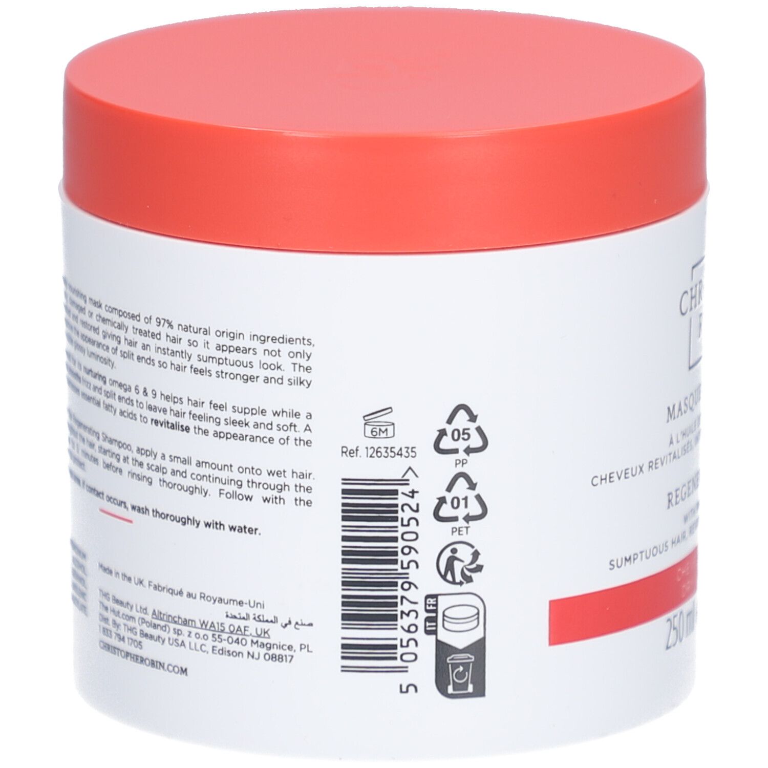 Pot blanc, couvercle rouge. Dos avec texte et code-barres. Informations sur les ingrédients et le fabricant.