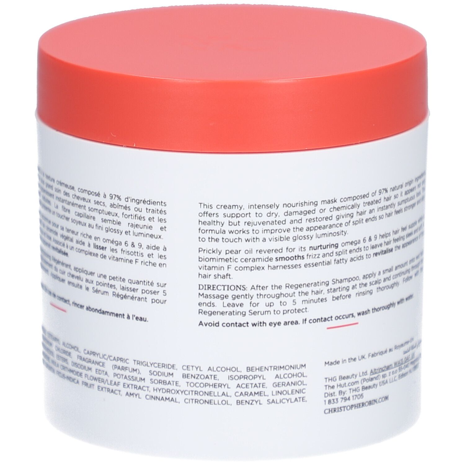 Pot blanc, couvercle rouge. Texte en anglais et français. Description du produit et instructions d'utilisation.