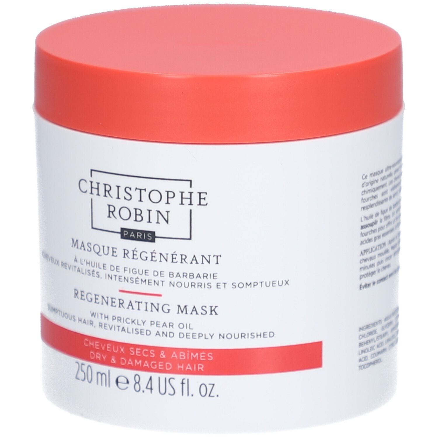 Pot blanc, couvercle rouge. Inscription: Christophe Robin, Masque Régénérant, Regenerating Mask. Pour cheveux secs et abîmés.