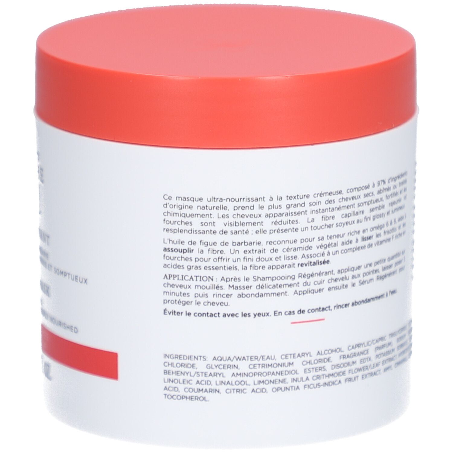 Pot blanc, couvercle rouge. Dos avec texte en français. Description du produit et instructions d'utilisation.