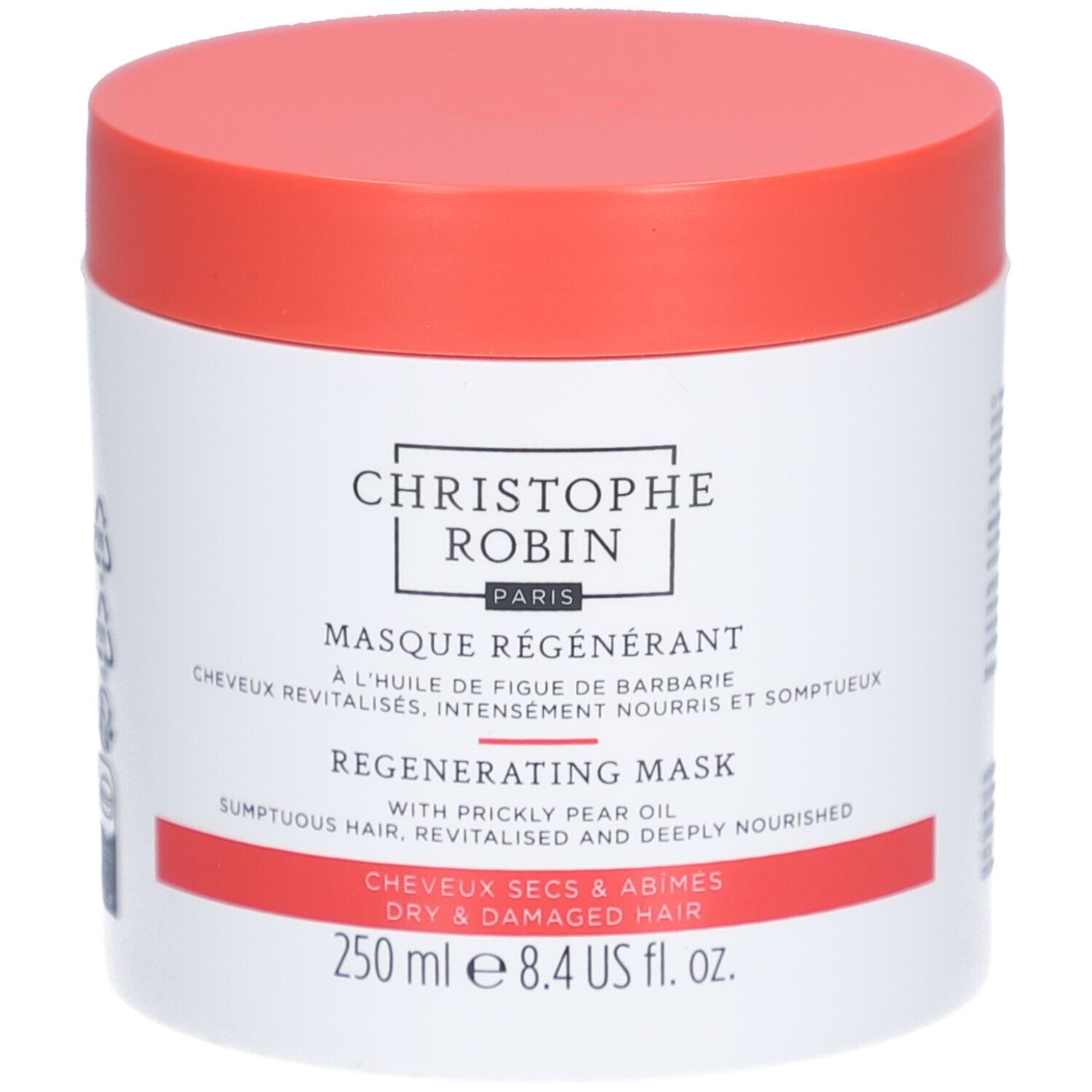 Pot blanc, couvercle rouge. Inscription: Christophe Robin, Masque Régénérant, Regenerating Mask. Pour cheveux secs et abîmés.