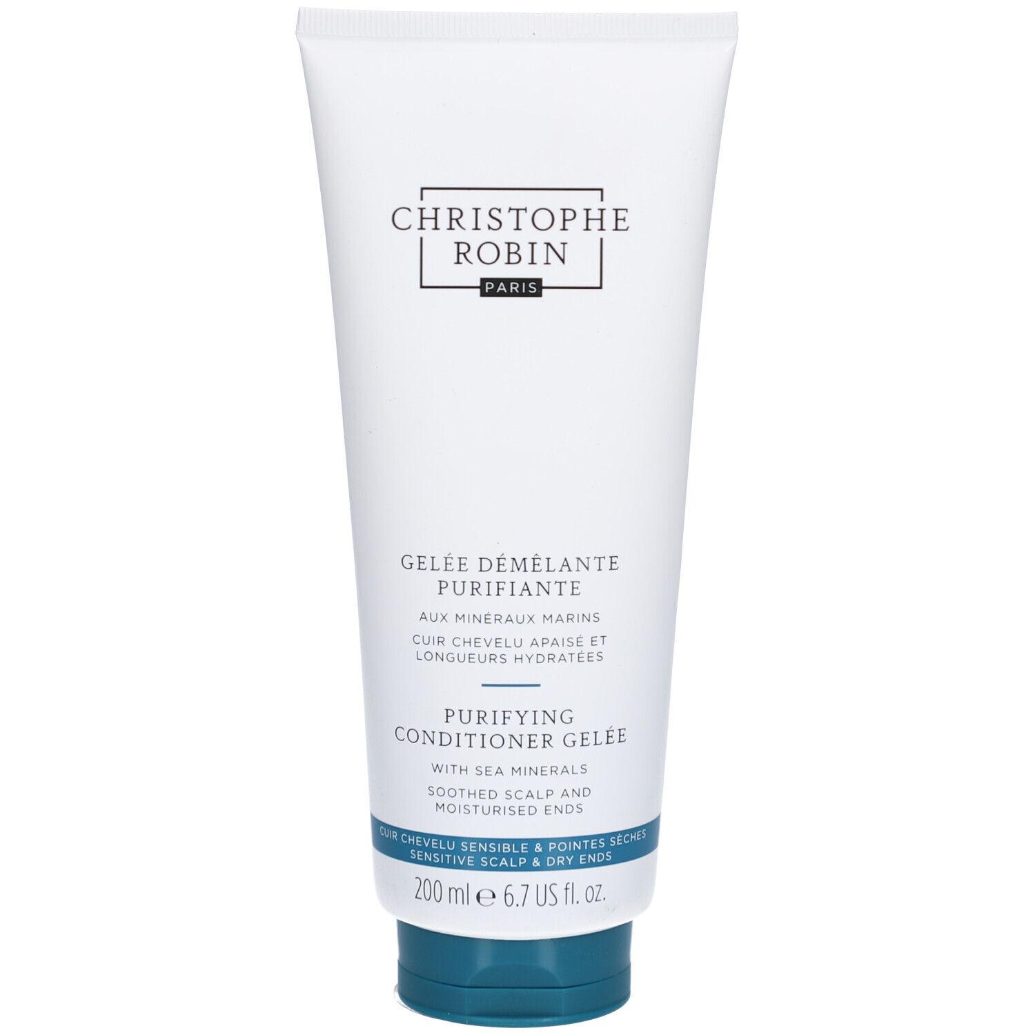 Weiße Tube mit blauem Verschluss. Aufschrift: Christophe Robin, Gelee Démêlante Purifiante, mit Meeresmineralien. 200 ml.