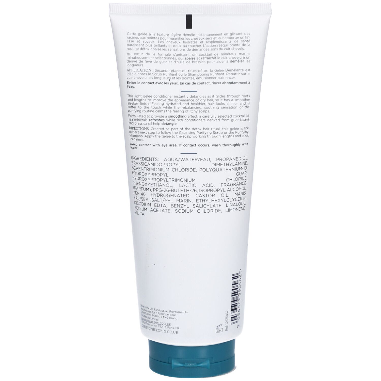 Rückseite der weißen Tube mit blauer Kappe. Text in mehreren Sprachen, darunter Inhaltsstoffe und Anwendungshinweise.