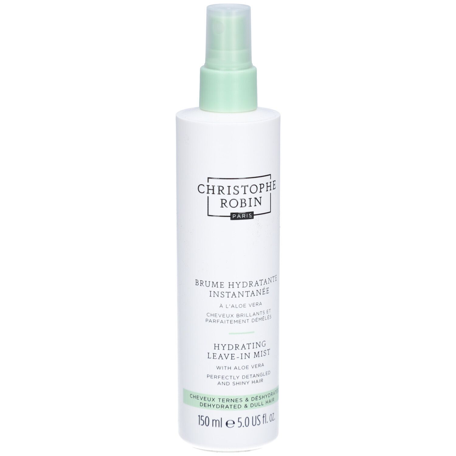 Weißes Spray mit grünem Sprühkopf. Aufschrift: Christophe Robin, Brume Hydratante Instantanee, Hydrating Leave-in Mist.